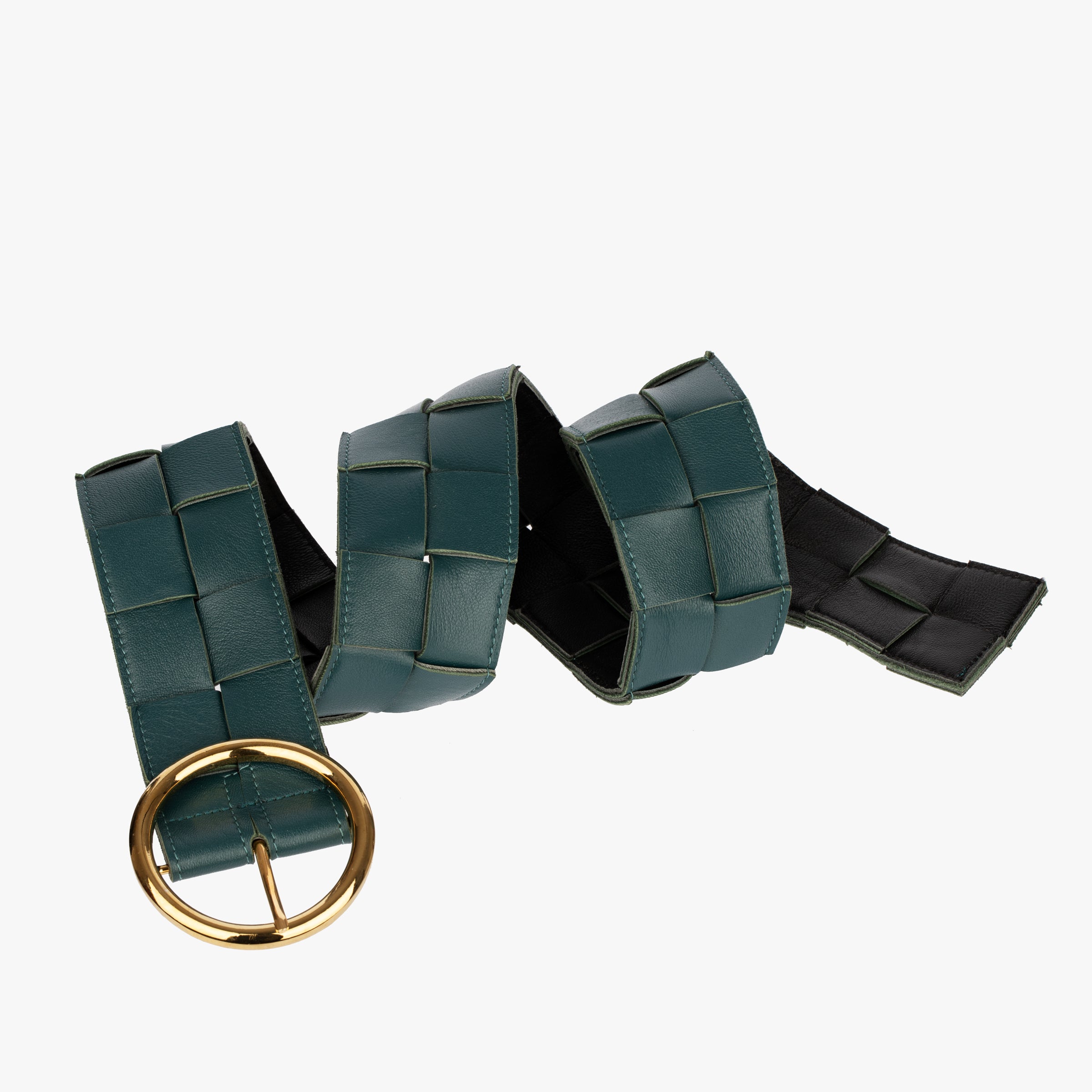 Bottega Veneta Wide Green and Black Intrecciato Leather Belt