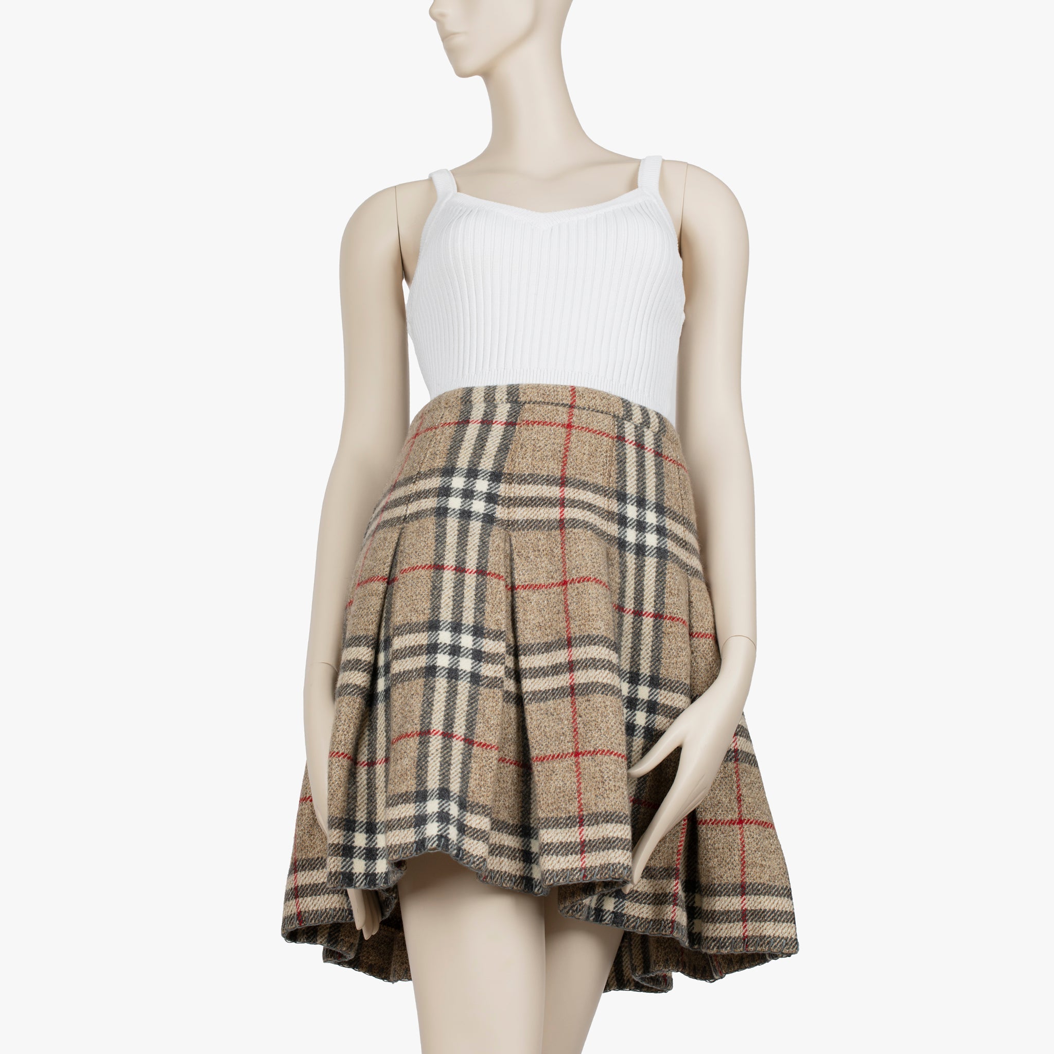 Burberry Pleated Check Beige Wool Skirt - Size 38 IT
