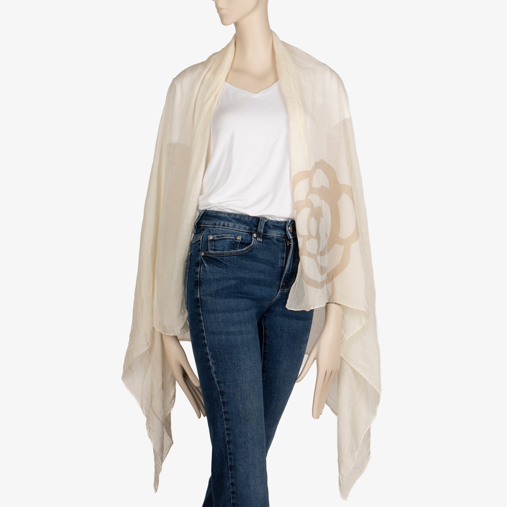 Chanel Ivory Camellia Print Scarf – Sheer Floral Shawl Wrap