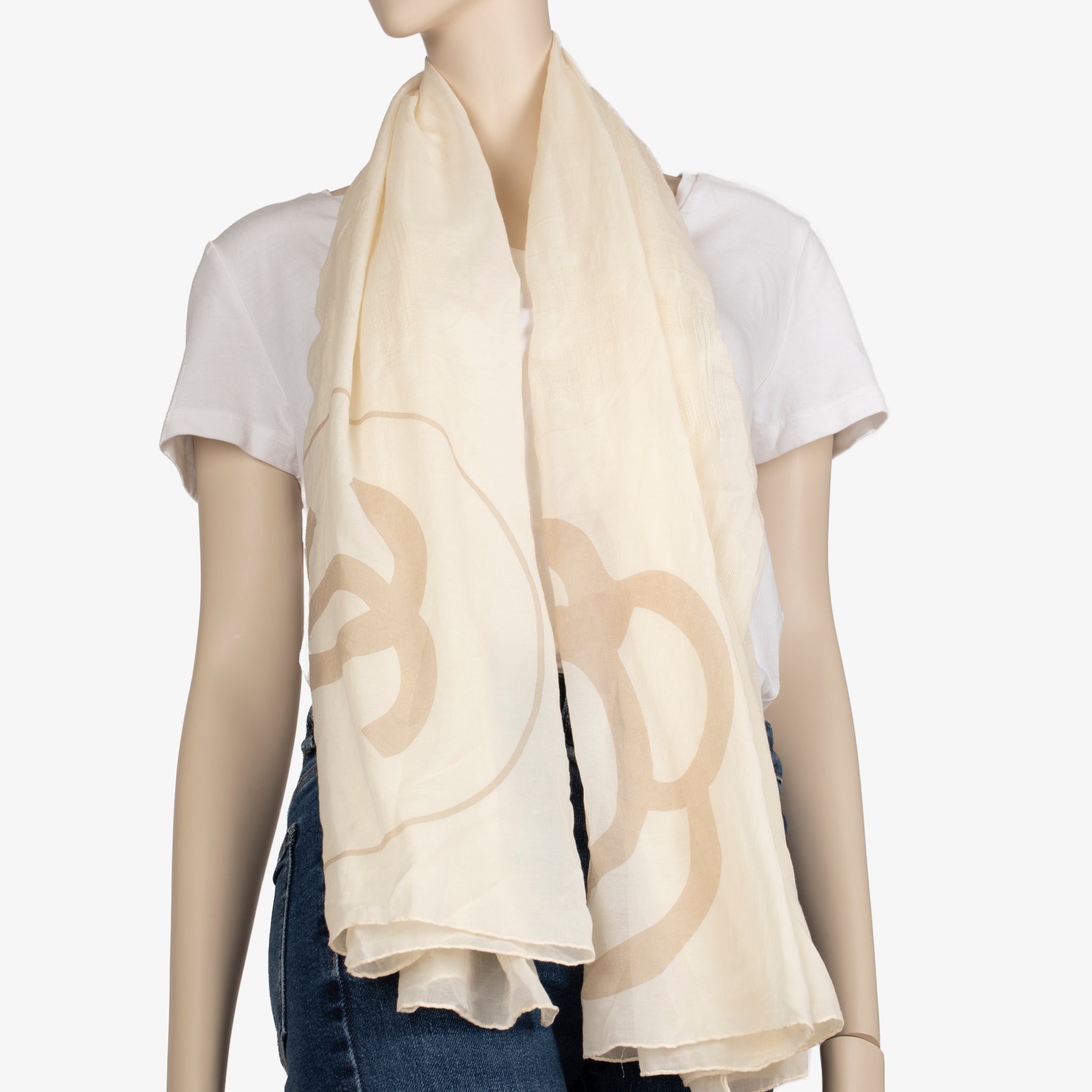 Chanel Ivory Camellia Print Scarf – Sheer Floral Shawl Wrap