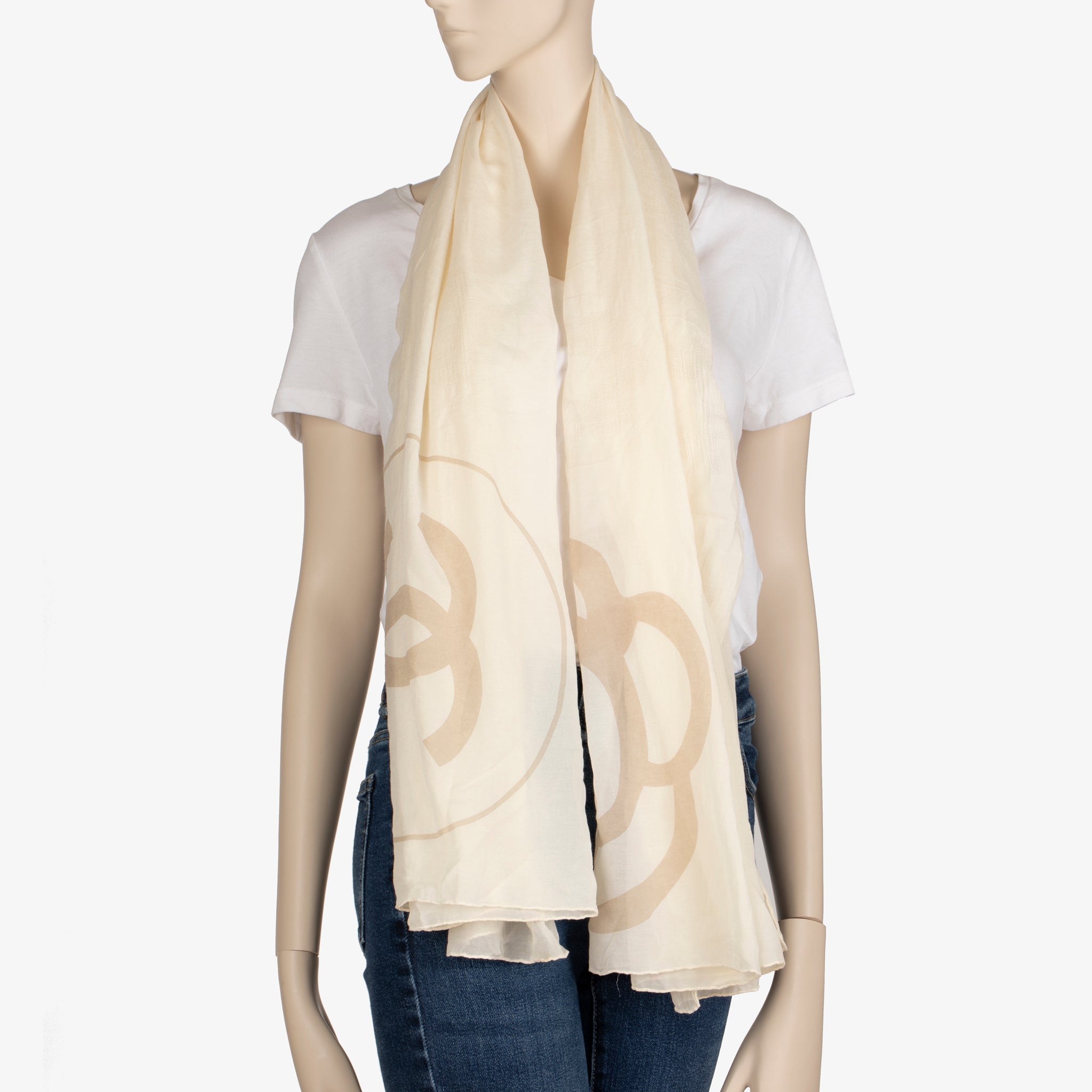 Chanel Ivory Camellia Print Scarf – Sheer Floral Shawl Wrap
