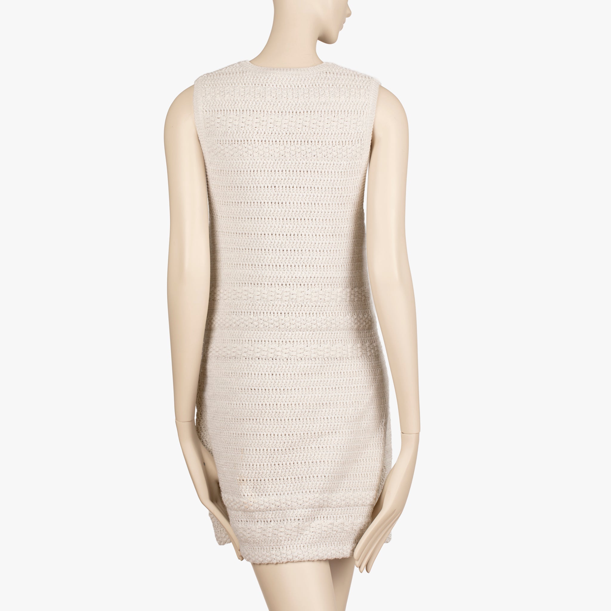 Chanel Ivory Crochet Sleeveless Mini Dress with CC Buttons – Size FR 36