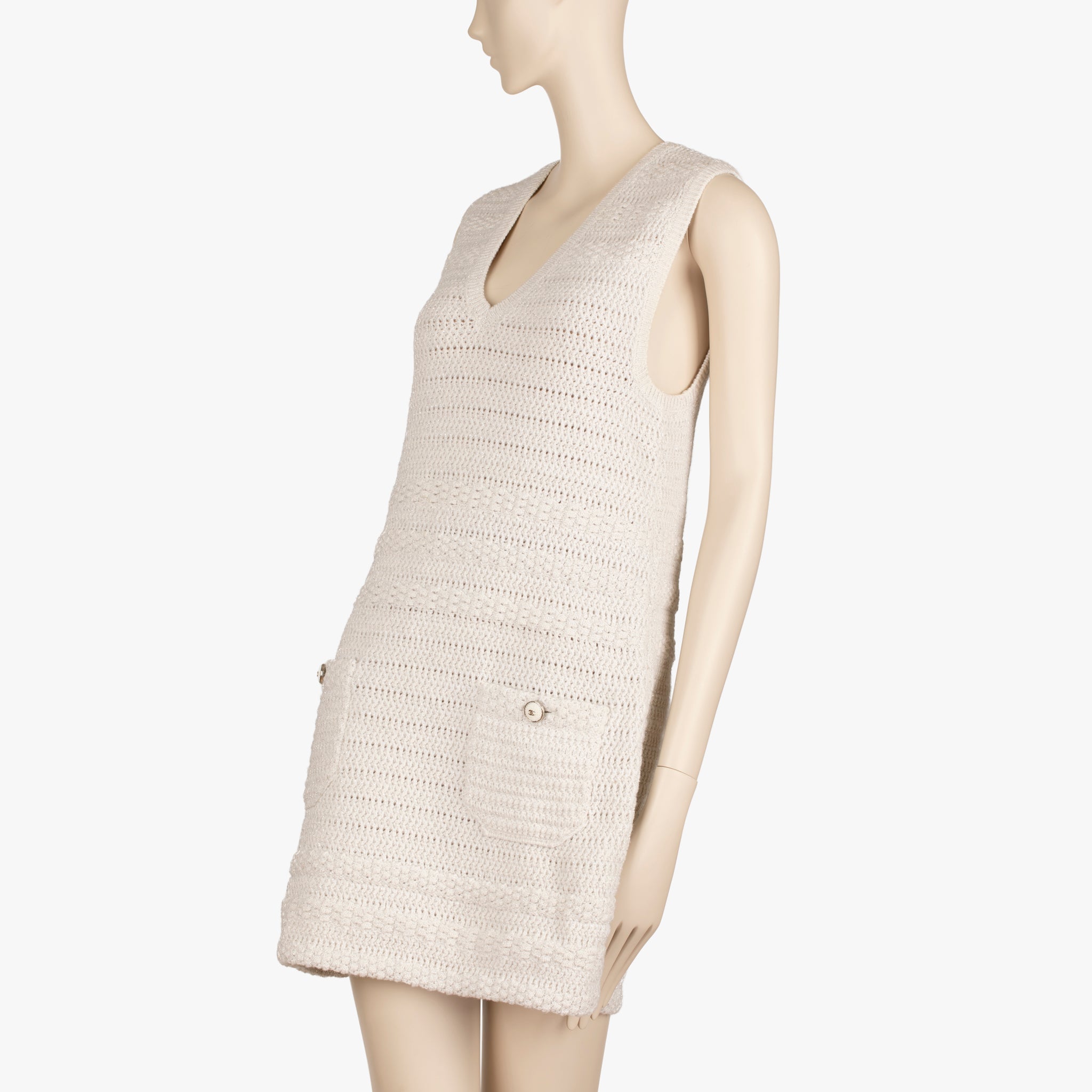 Chanel Ivory Crochet Sleeveless Mini Dress with CC Buttons – Size FR 36