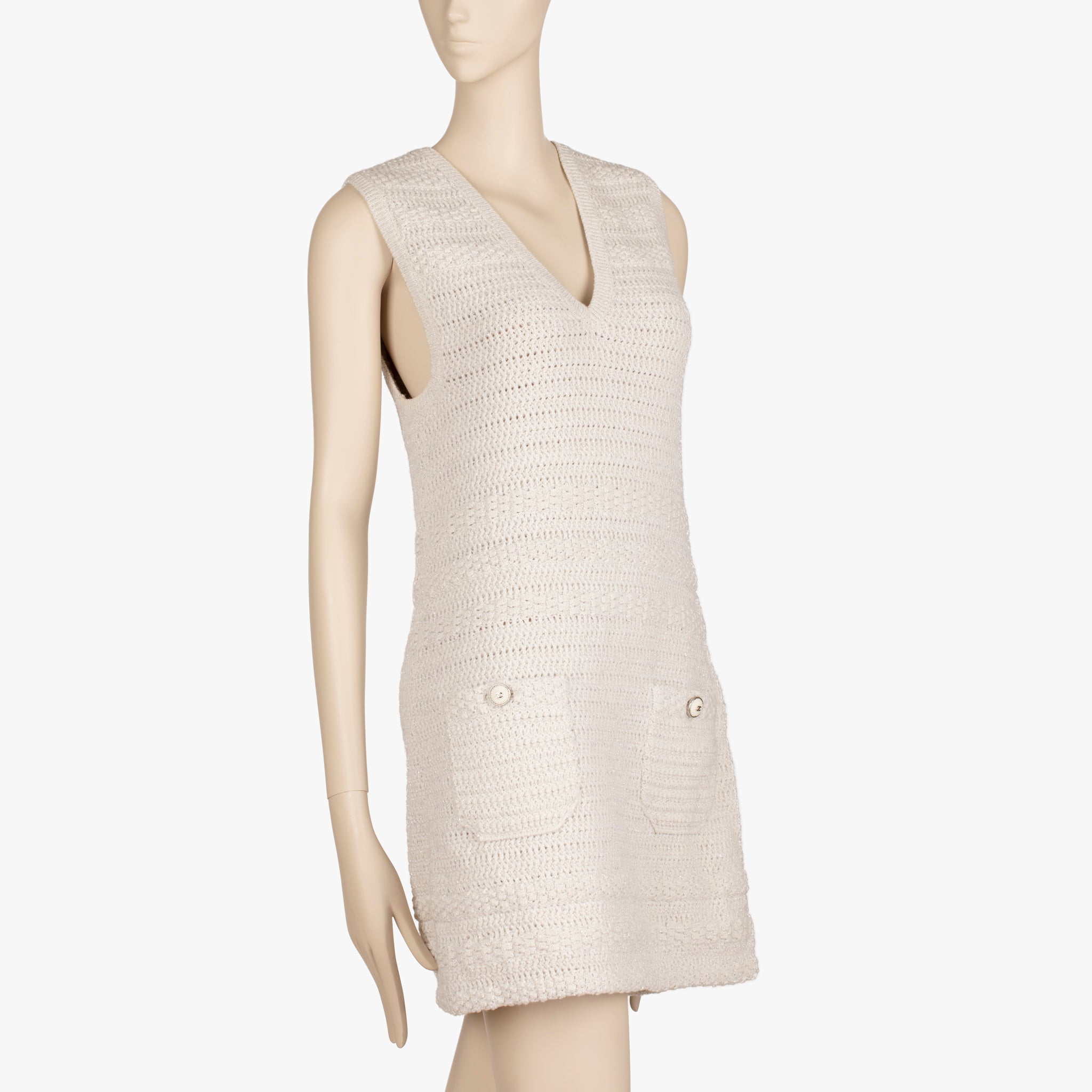 Chanel Ivory Crochet Sleeveless Mini Dress with CC Buttons – Size FR 36