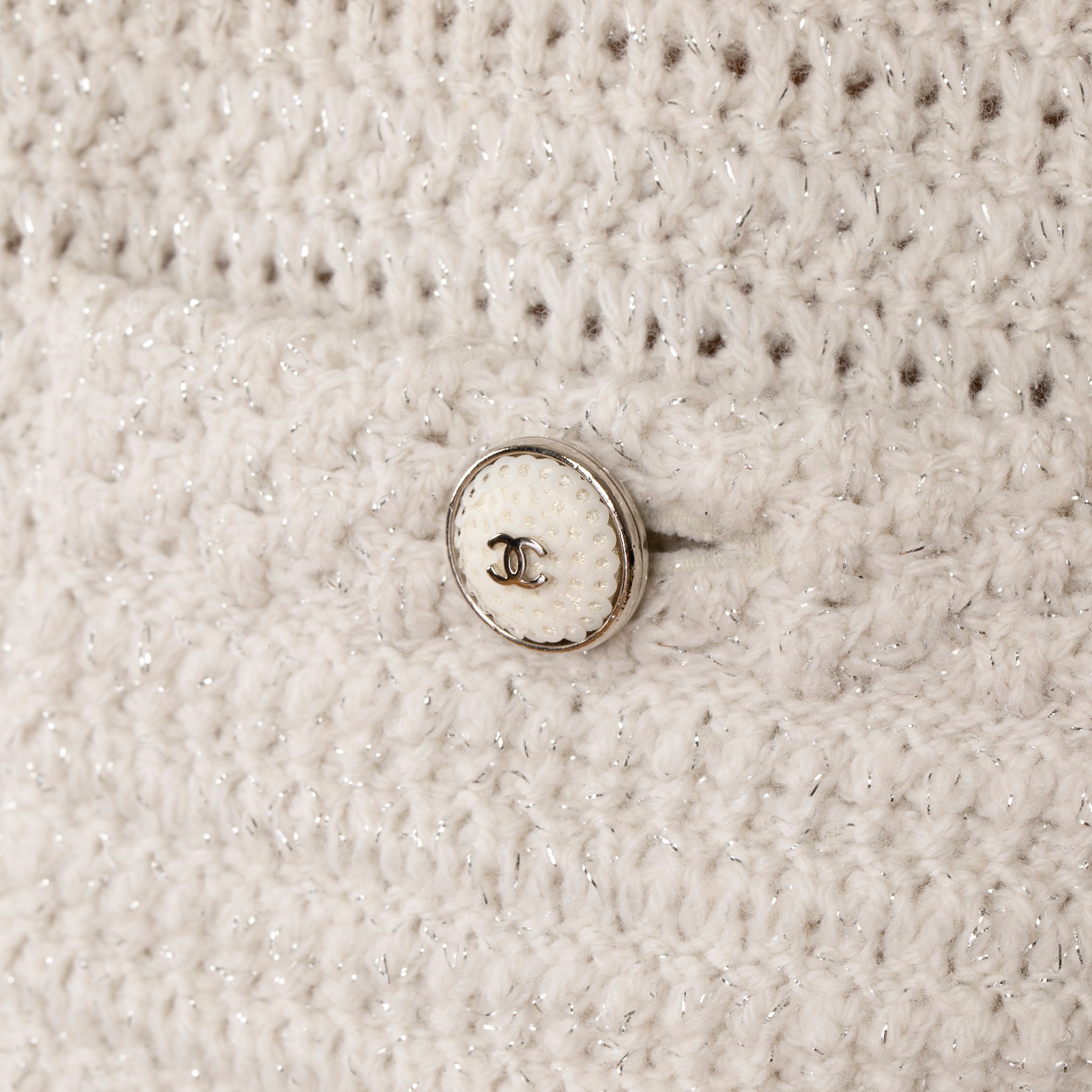 Chanel Ivory Crochet Sleeveless Mini Dress with CC Buttons – Size FR 36