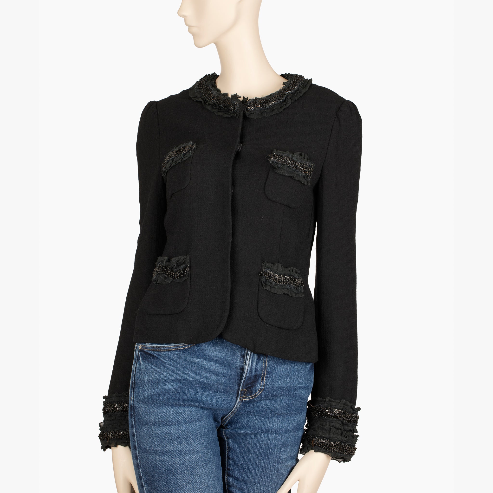 Dolce & Gabbana Black Embellished Collar and Cuff Cropped Jacket – Size 40 IT
