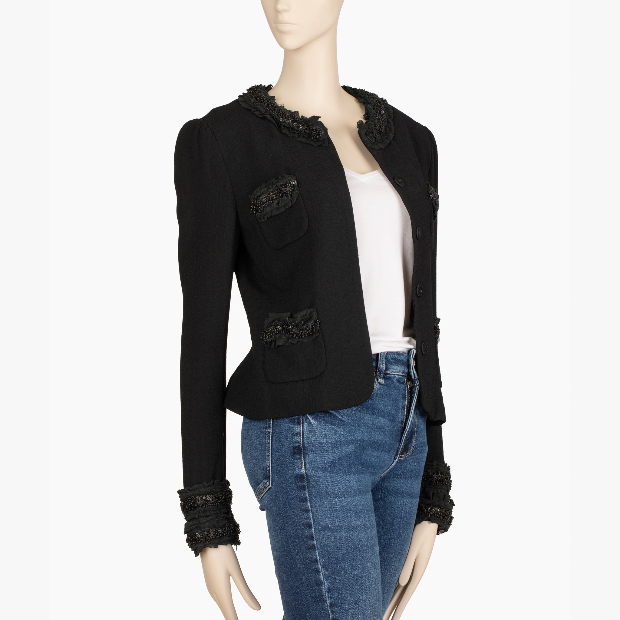 Dolce & Gabbana Black Embellished Collar and Cuff Cropped Jacket – Size 40 IT
