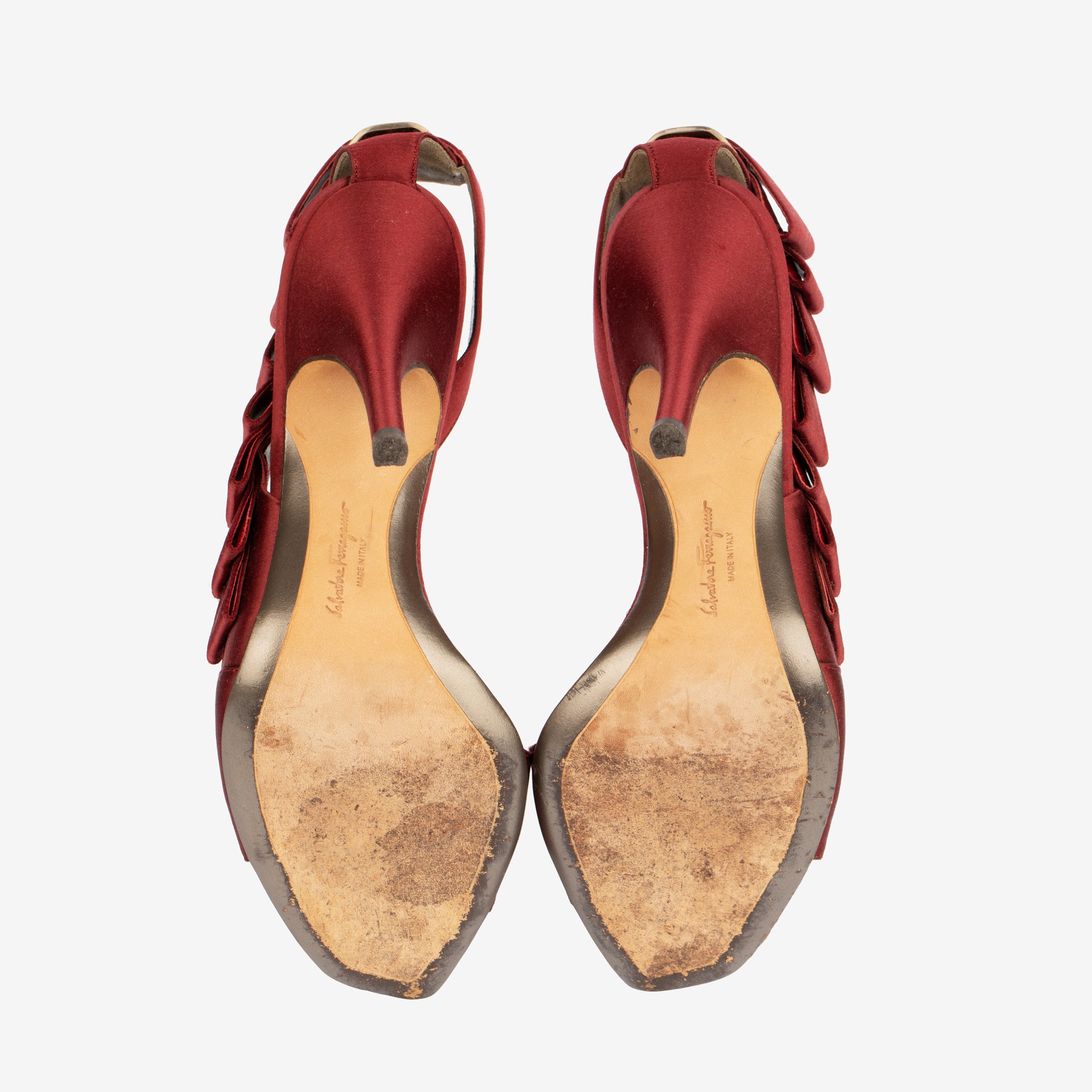 Salvatore Ferragamo Red Satin Bow-Detail Stiletto Heels - Size 6.5