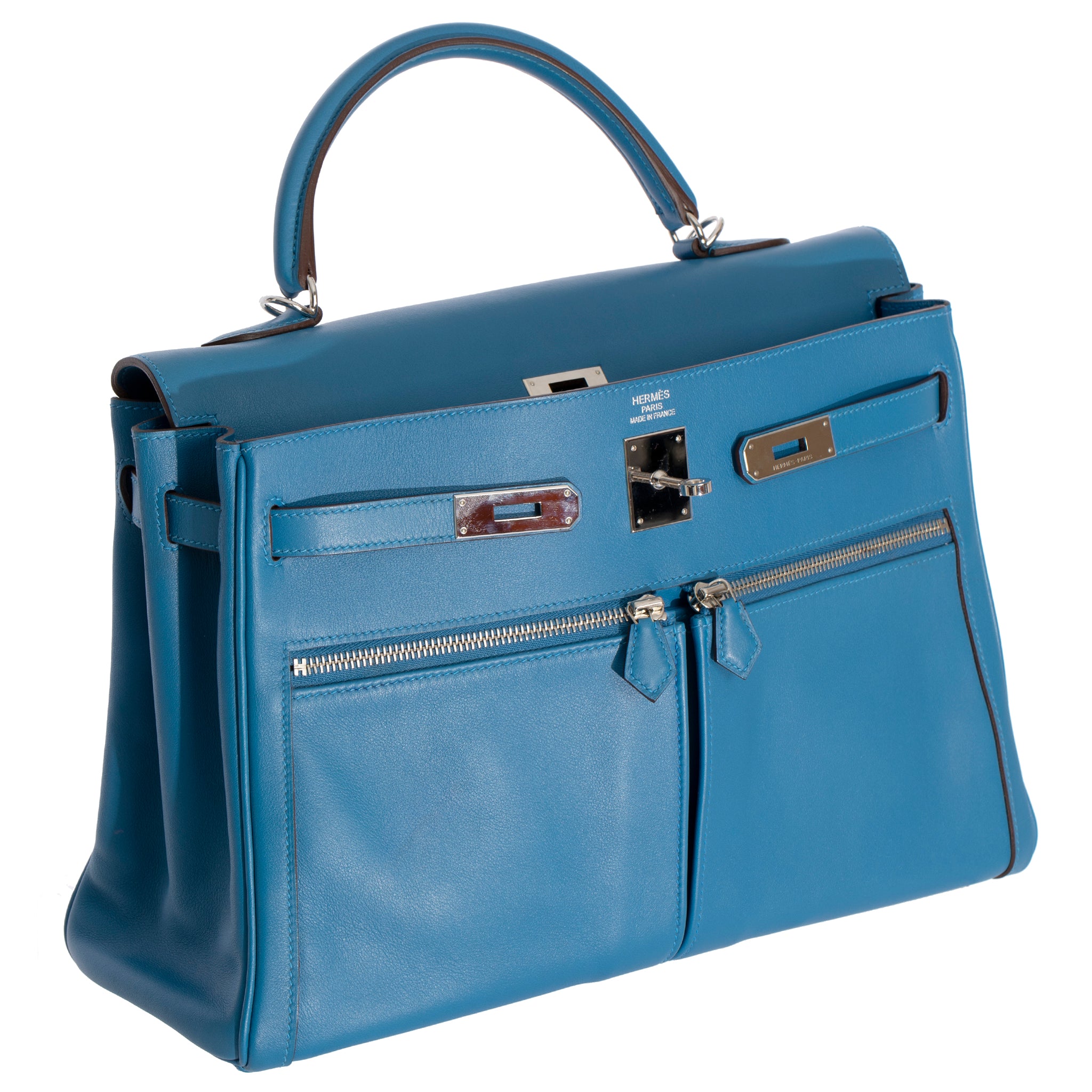 Hermes Kelly Lakis 35cm Blue Hydra Swift Leather Palladium Hardware