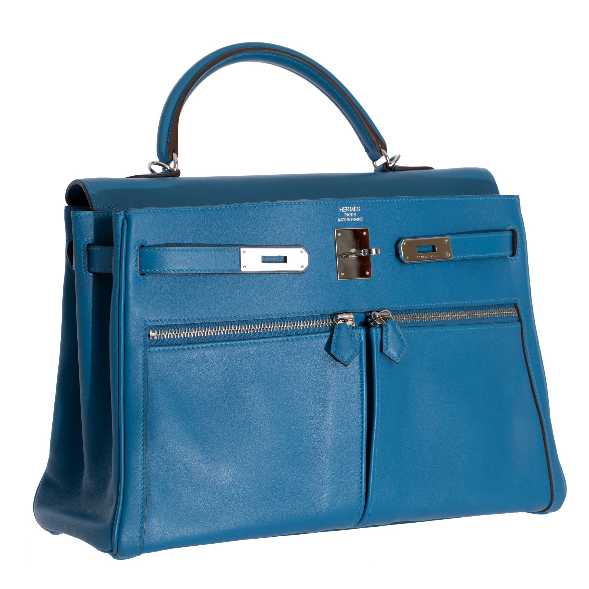 Hermes Kelly Lakis 35cm Blue Hydra Swift Leather Palladium Hardware