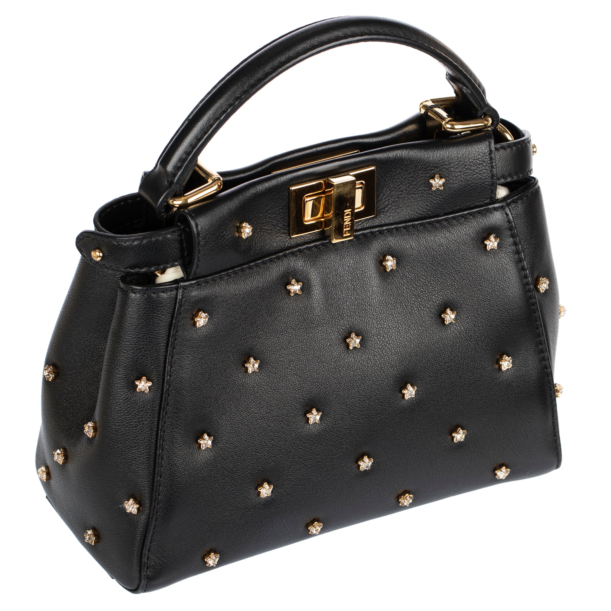 Fendi Mini Peekaboo Black Leather With Crystal Star Embellishment