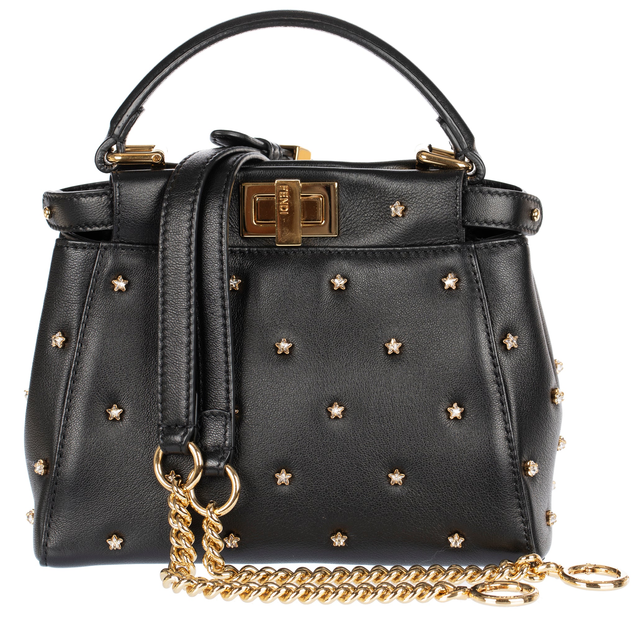 Fendi Mini Peekaboo Black Leather With Crystal Star Embellishment