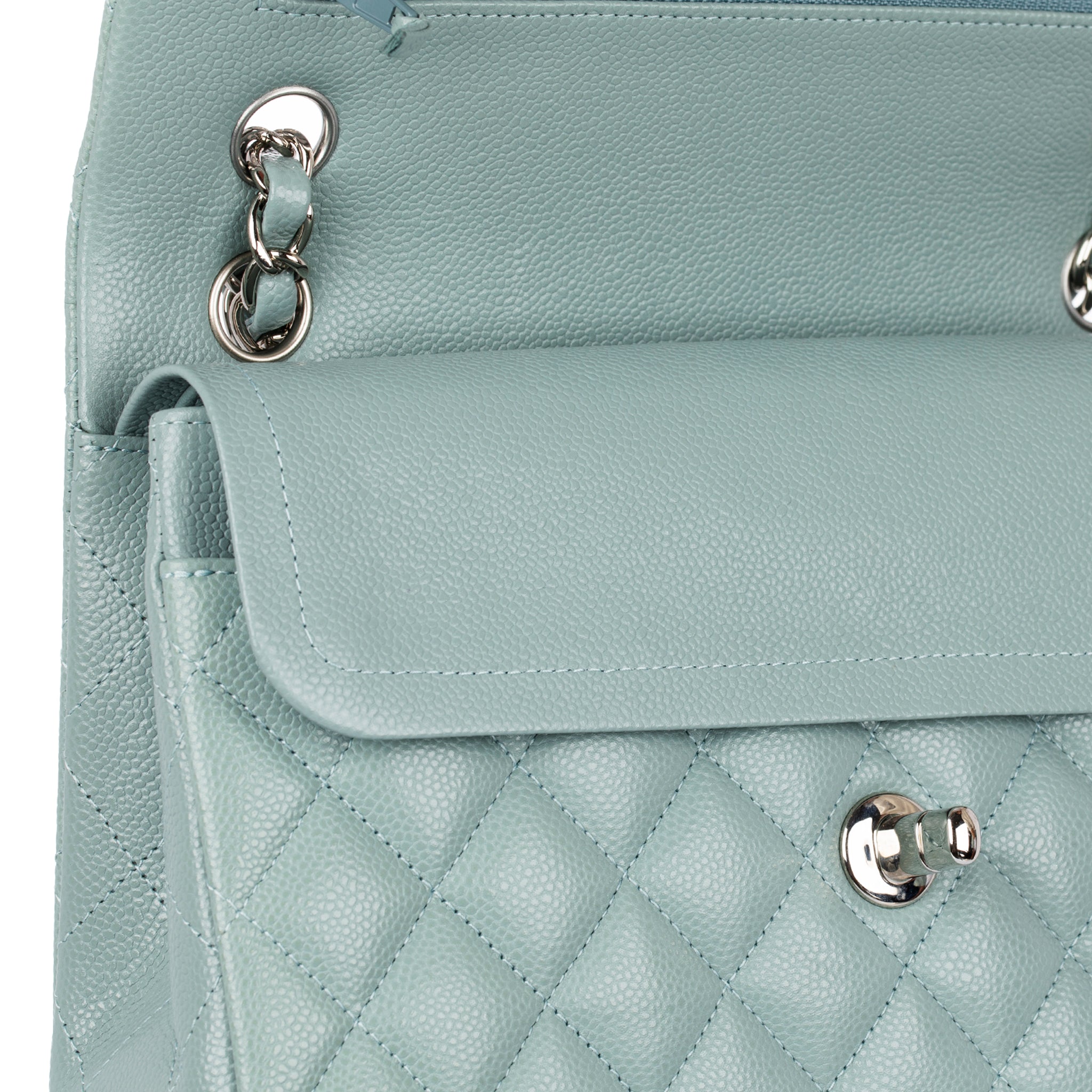 Chanel Small Double Classic Flap Bag Dusty Blue Caviar Leather Silver Tone Hardware