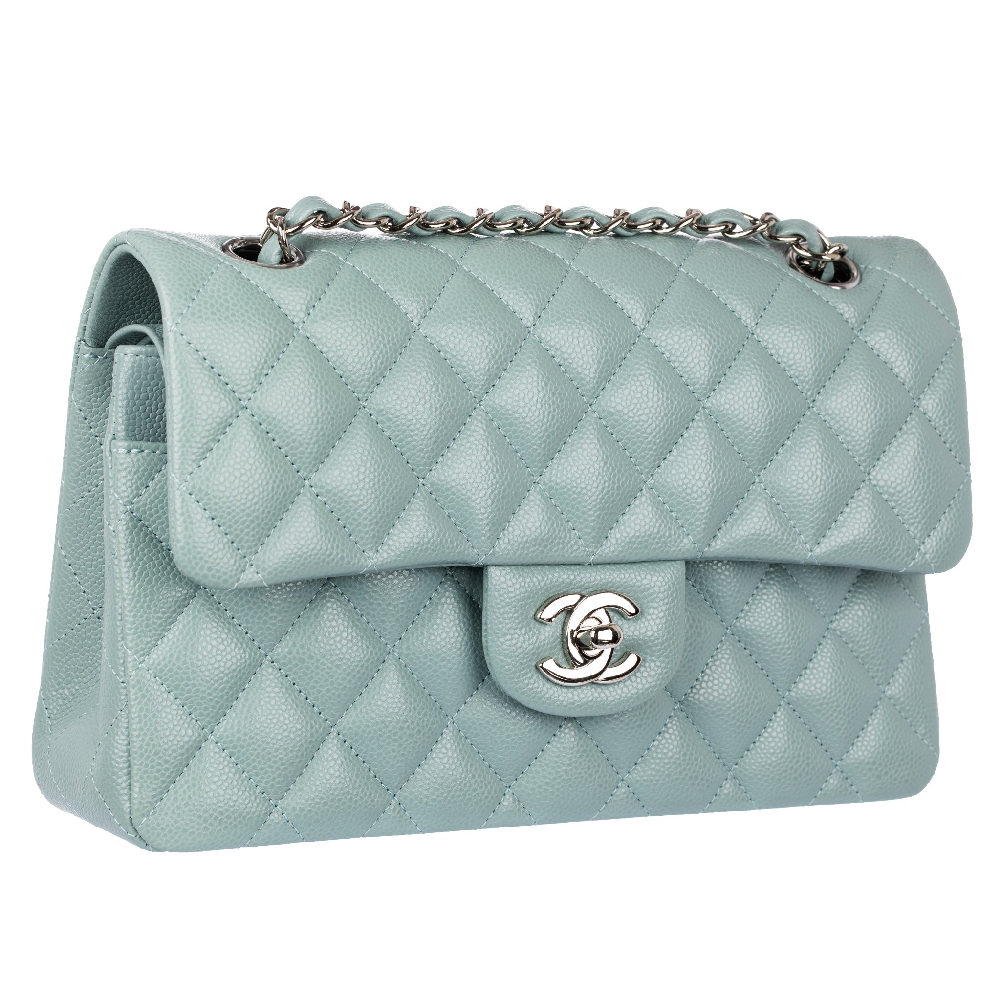 Chanel Small Double Classic Flap Bag Dusty Blue Caviar Leather Silver Tone Hardware