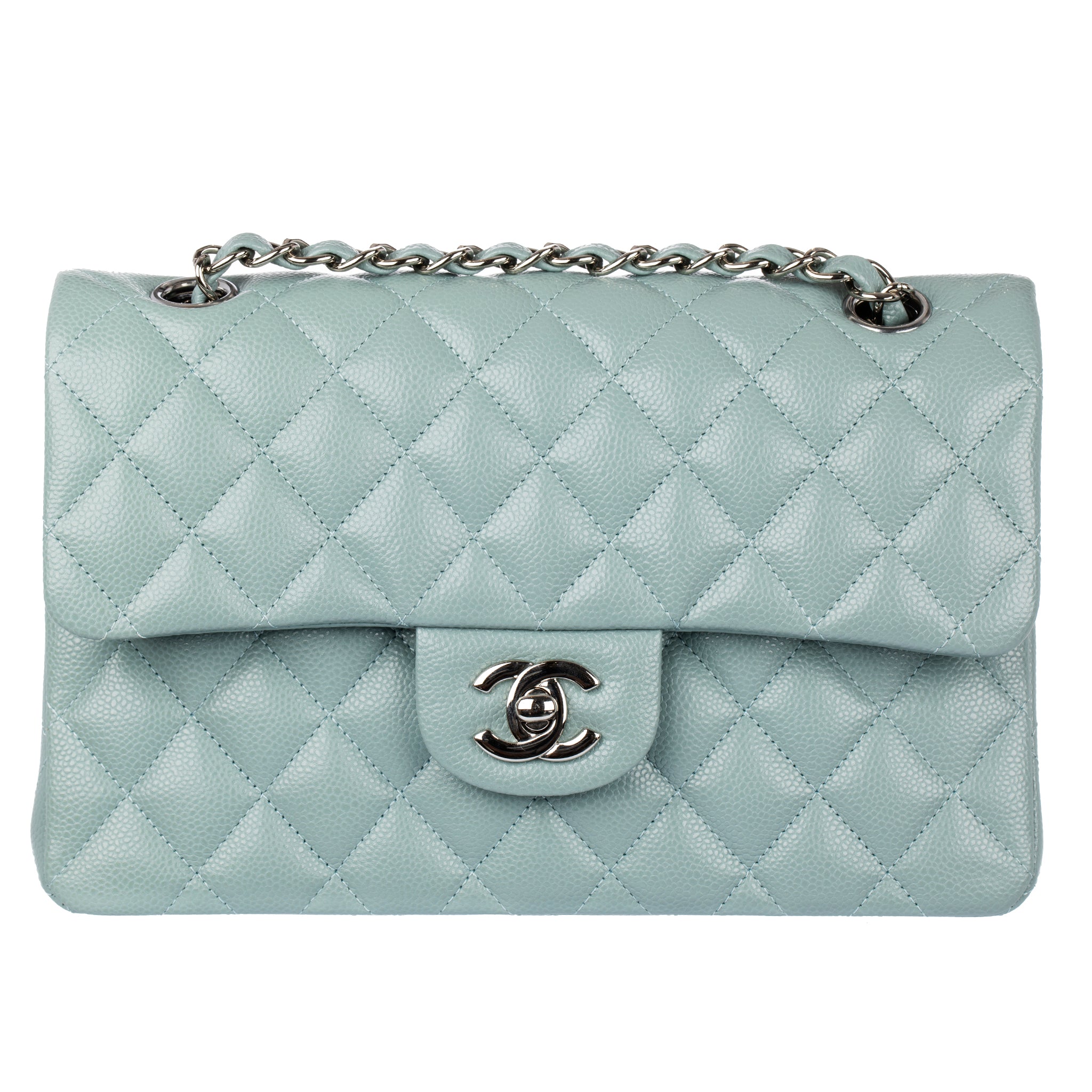 Chanel Small Double Classic Flap Bag Dusty Blue Caviar Leather Silver Tone Hardware