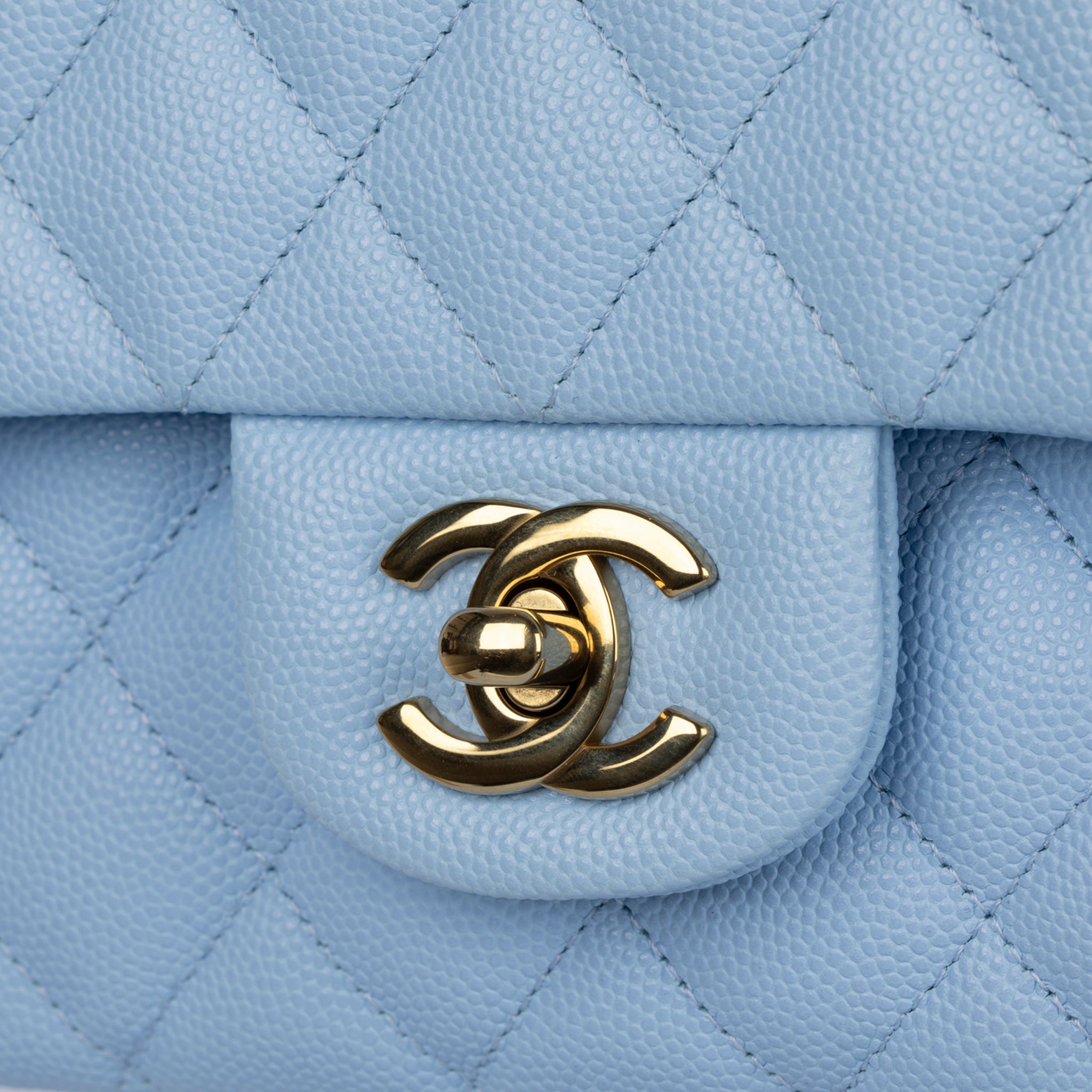 Chanel Medium Double Classic Flap Bag Pale Blue Caviar Leather Gold Tone Hardware