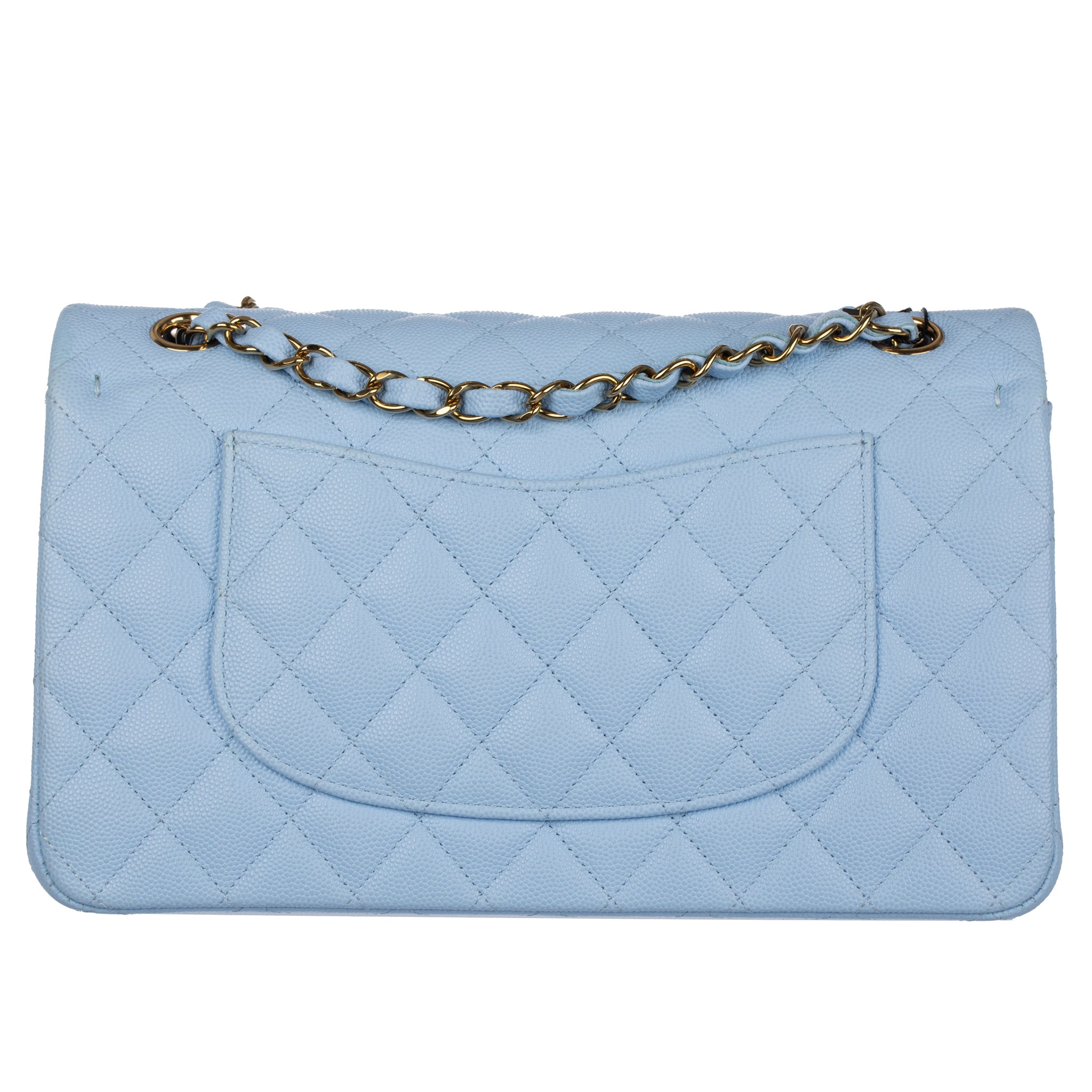 Chanel Medium Double Classic Flap Bag Pale Blue Caviar Leather Gold Tone Hardware