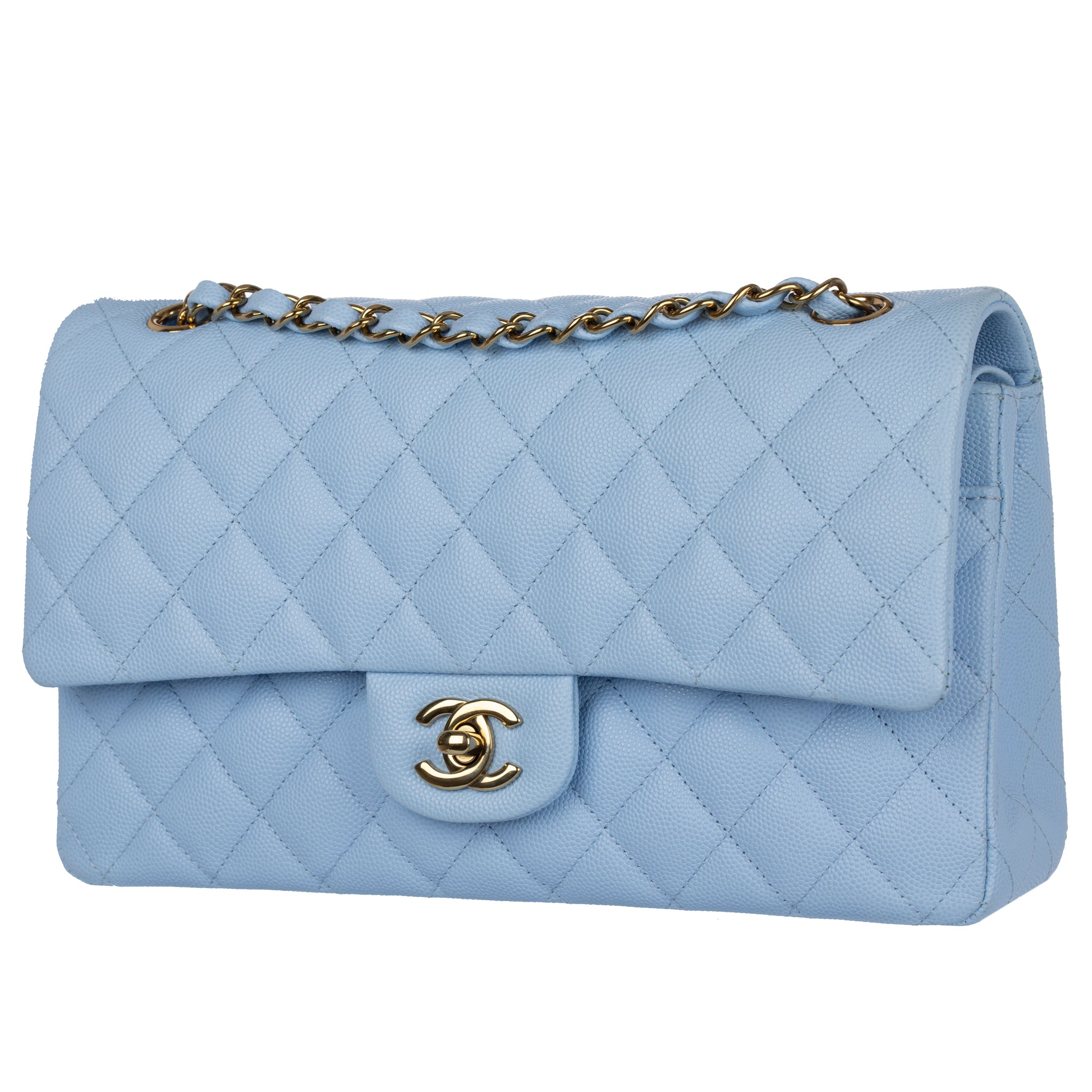 Chanel Medium Double Classic Flap Bag Pale Blue Caviar Leather Gold Tone Hardware