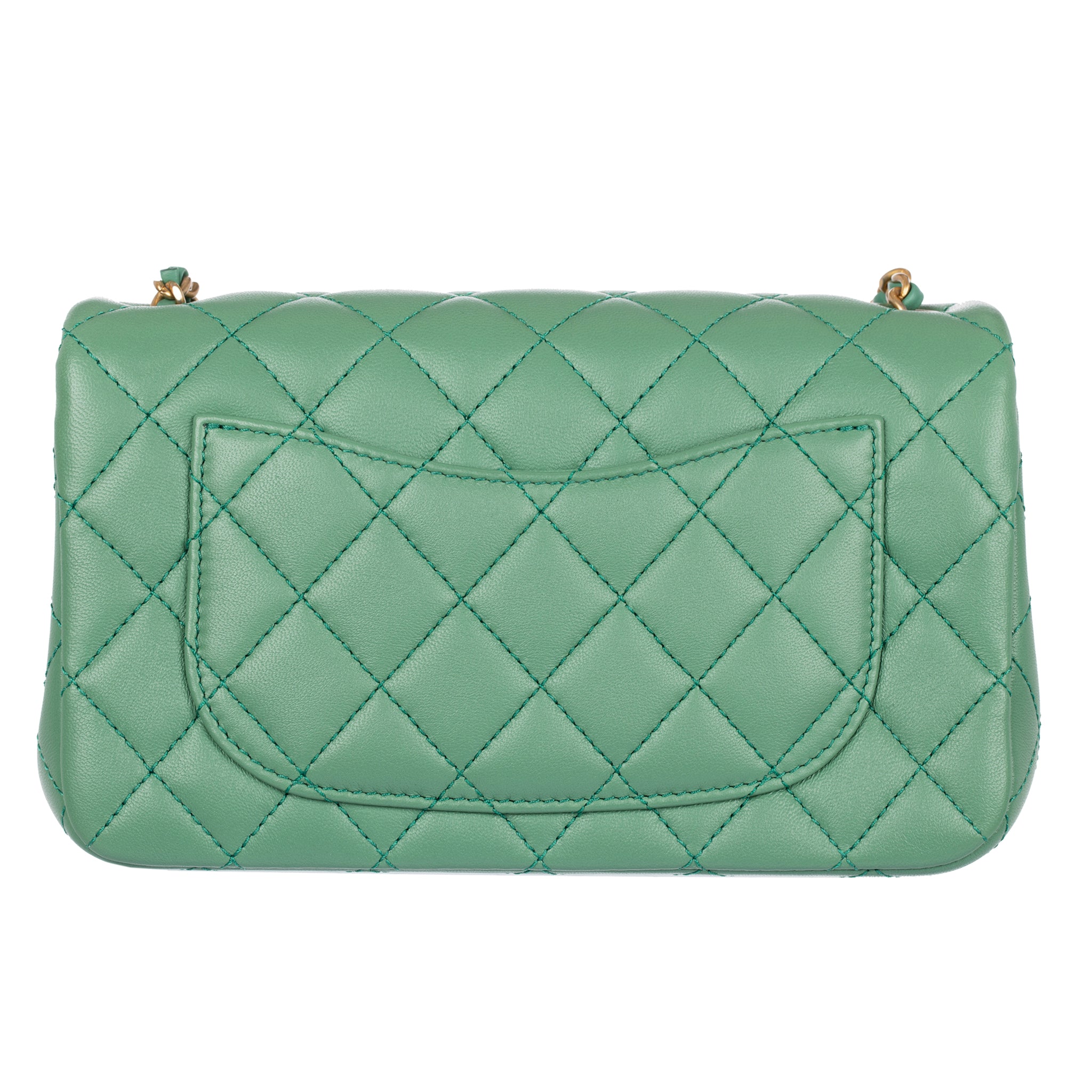 Chanel Pearl Crush Mini Rectangular Flap Bag Dark Green Lambskin Antique Gold Hardware