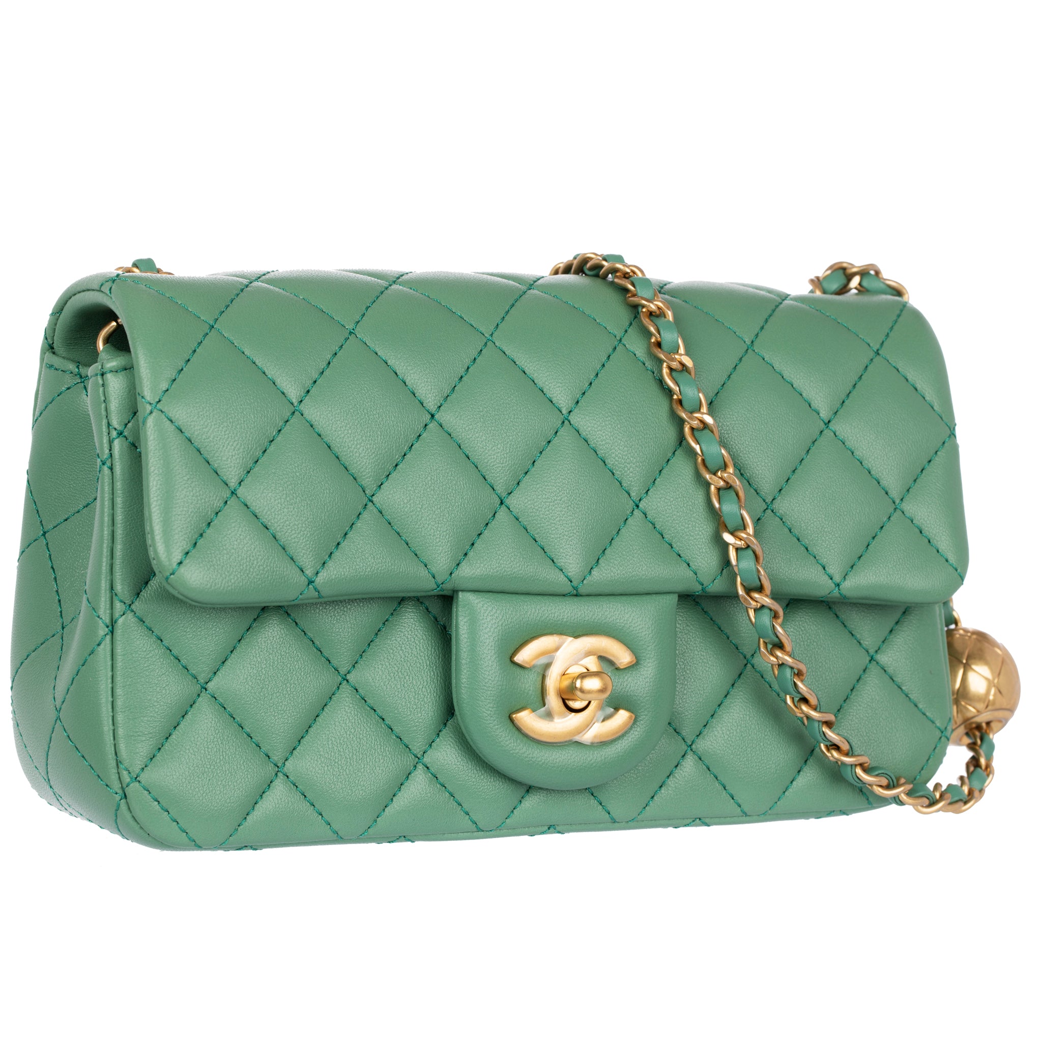 Chanel Pearl Crush Mini Rectangular Flap Bag Dark Green Lambskin Antique Gold Hardware