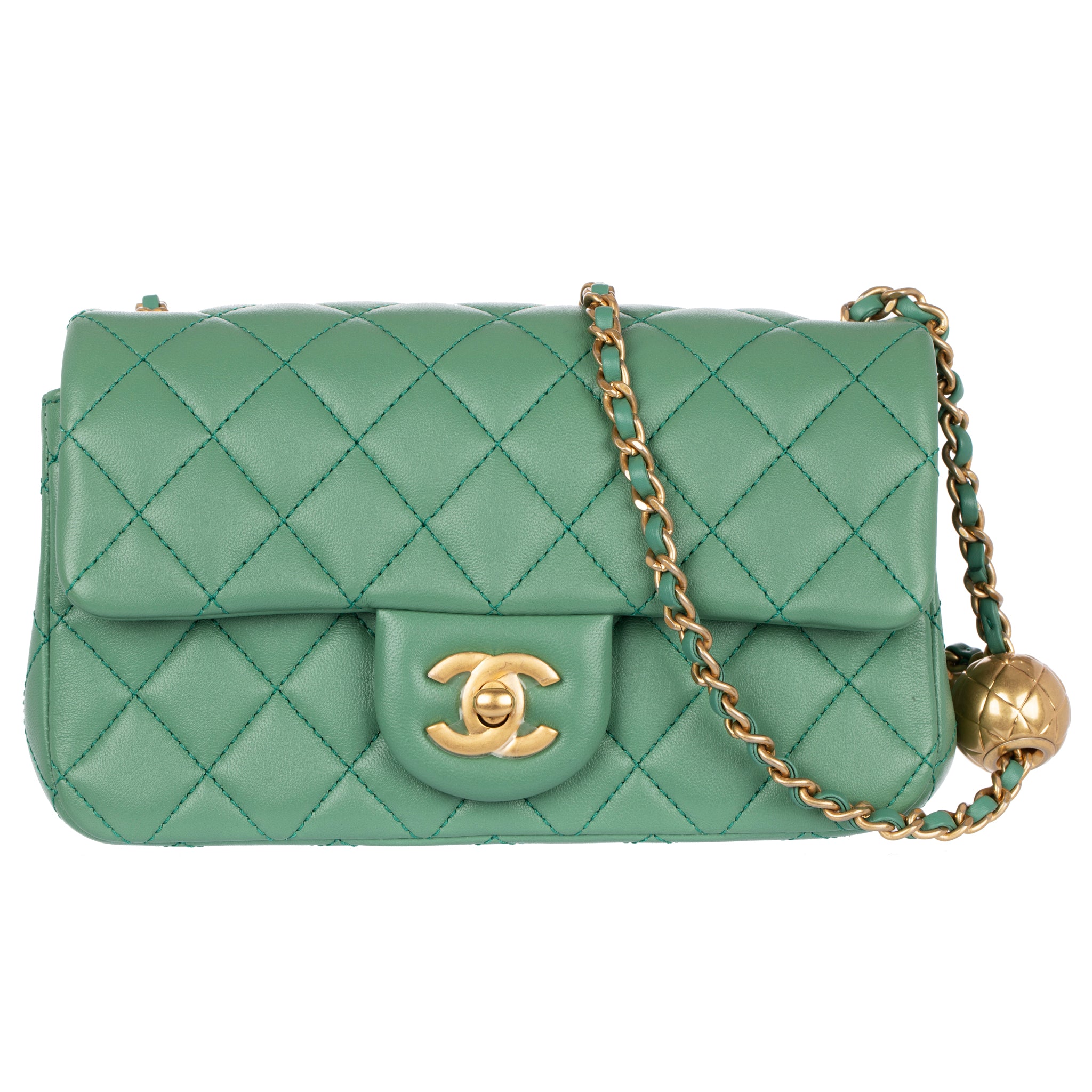 Chanel Pearl Crush Mini Rectangular Flap Bag Dark Green Lambskin Antique Gold Hardware