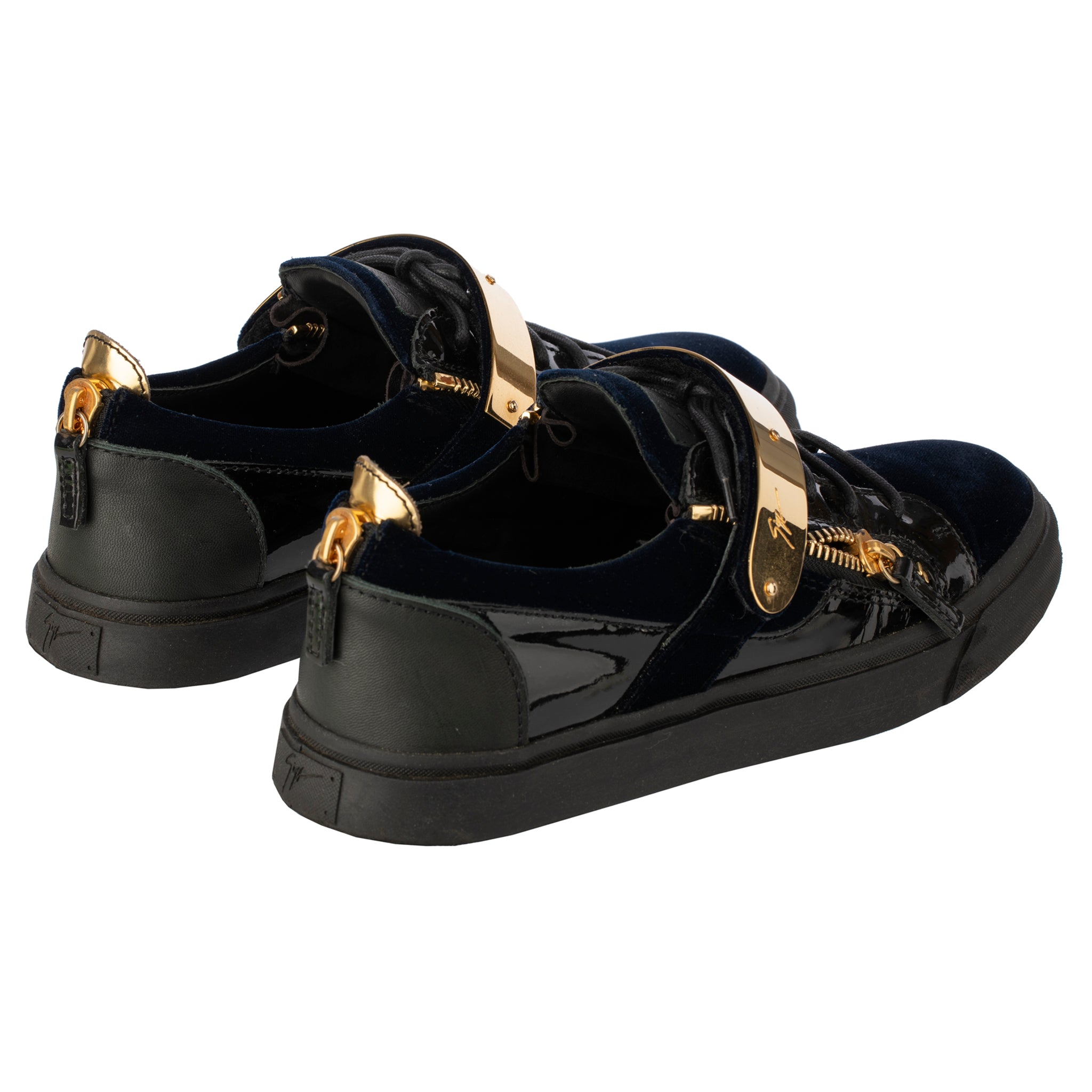 Giuseppe Zanotti Mens Black Black/Blue Velvet & Patent Leather Double Zipper Low Top Sneakers 41