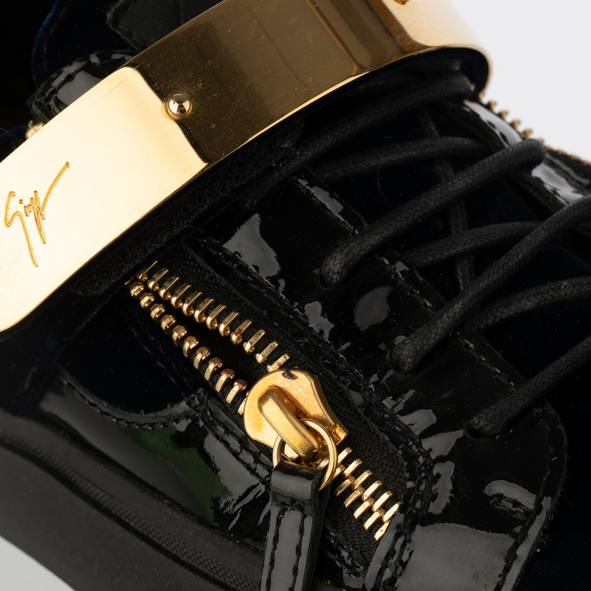 Giuseppe Zanotti Mens Black Black/Blue Velvet & Patent Leather Double Zipper Low Top Sneakers 41