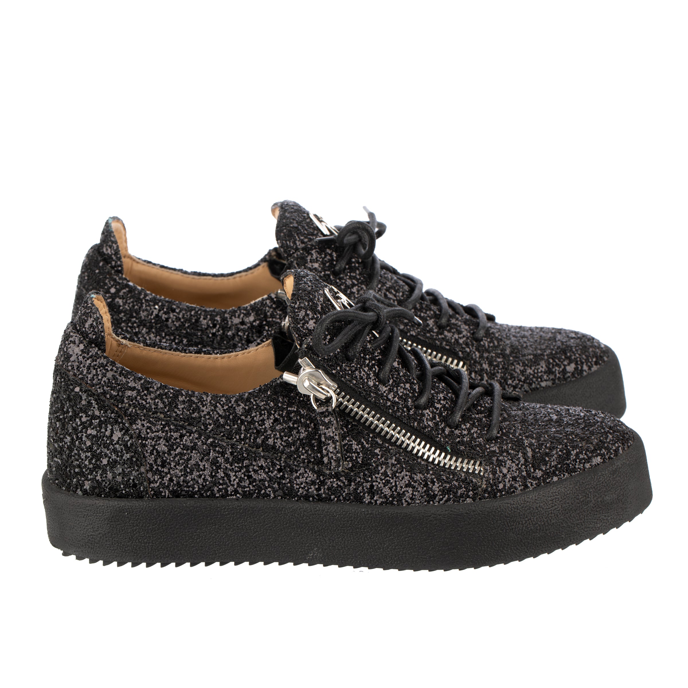 Giuseppe Zanotti Mens Black Glitter Double Zipper Low Top Sneakers 41