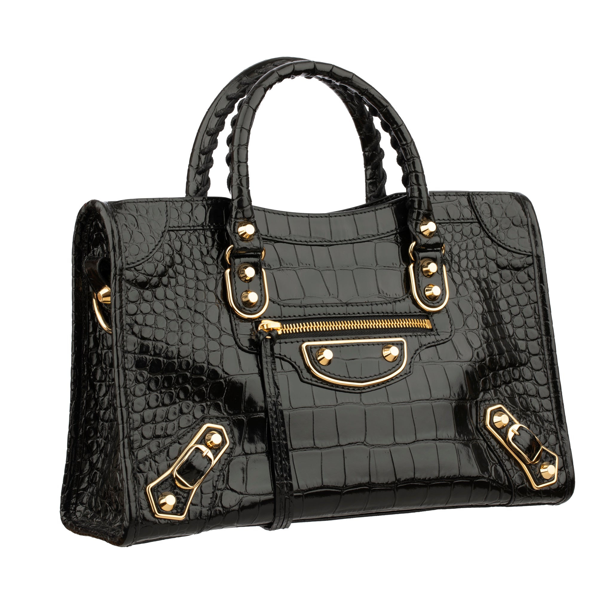 Balenciaga City Classic Black Embossed Crocodile Leather Handbag Gold Tone Hardware