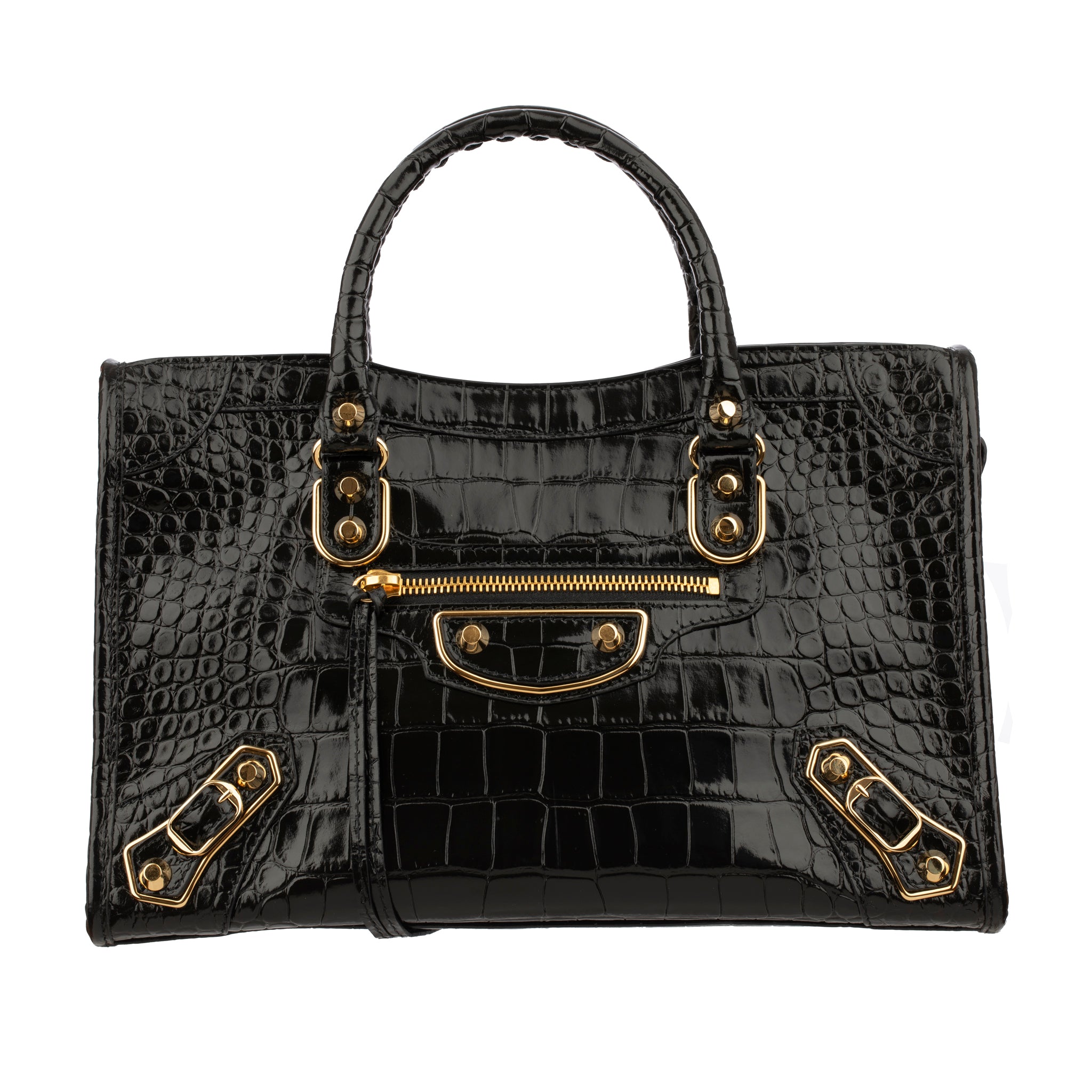 Balenciaga City Classic Black Embossed Crocodile Leather Handbag Gold Tone Hardware