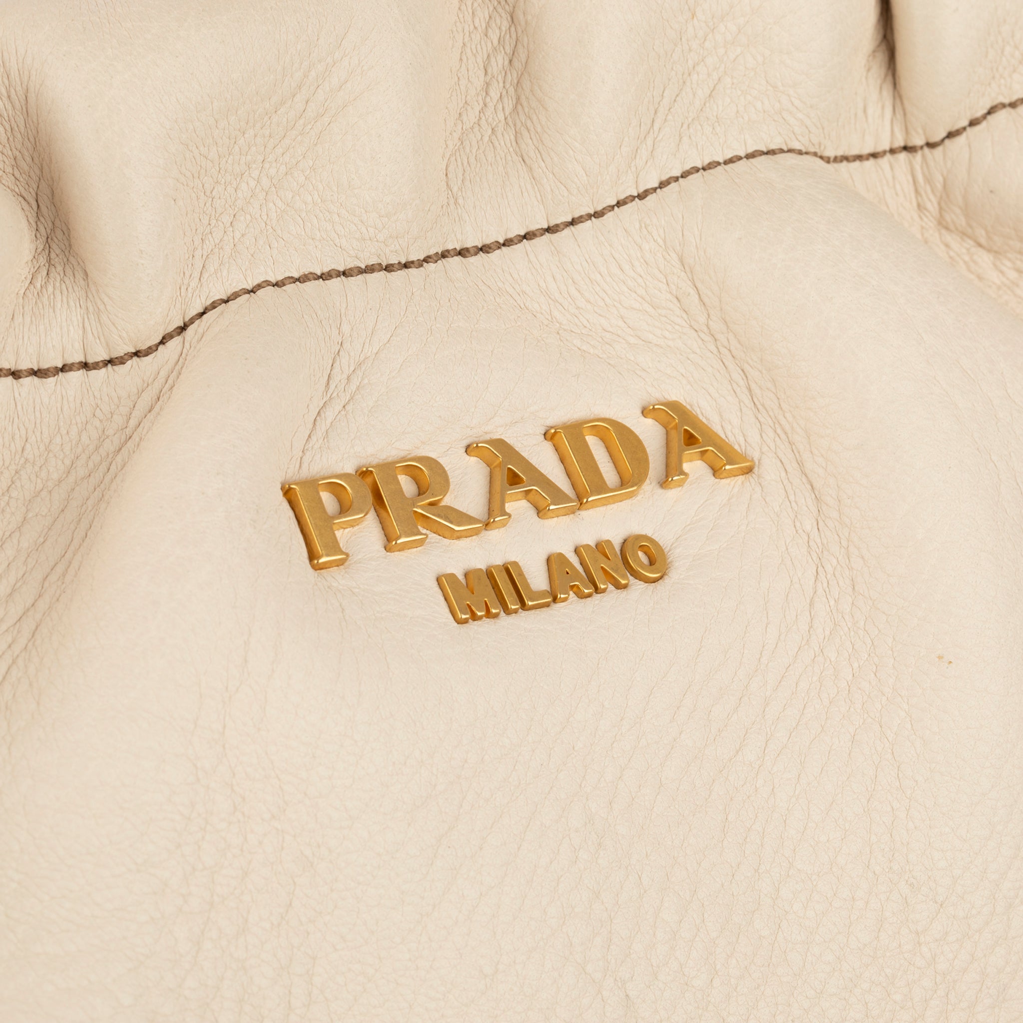 Prada Ivory Pebbled Leather Soft Clutch Gold Tone Hardware