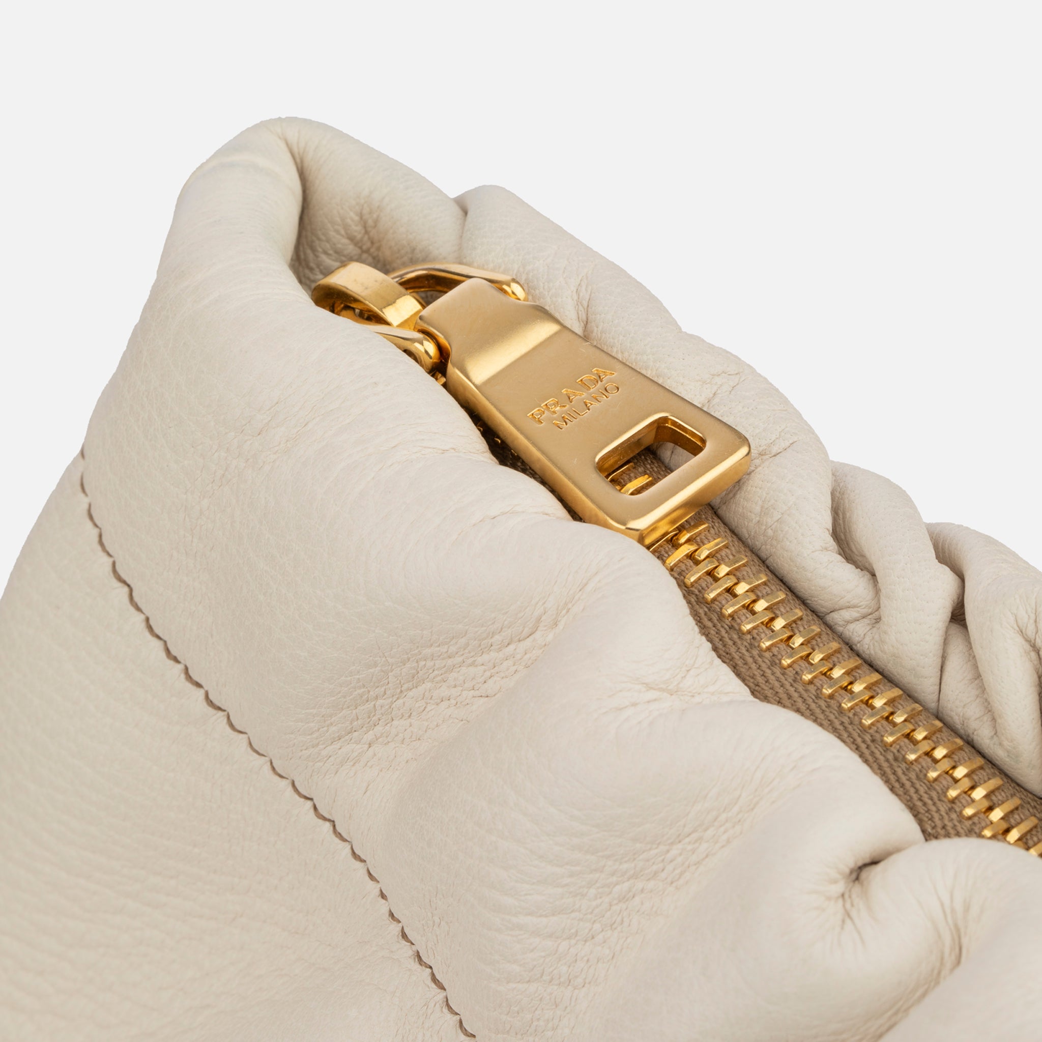 Prada Ivory Pebbled Leather Soft Clutch Gold Tone Hardware