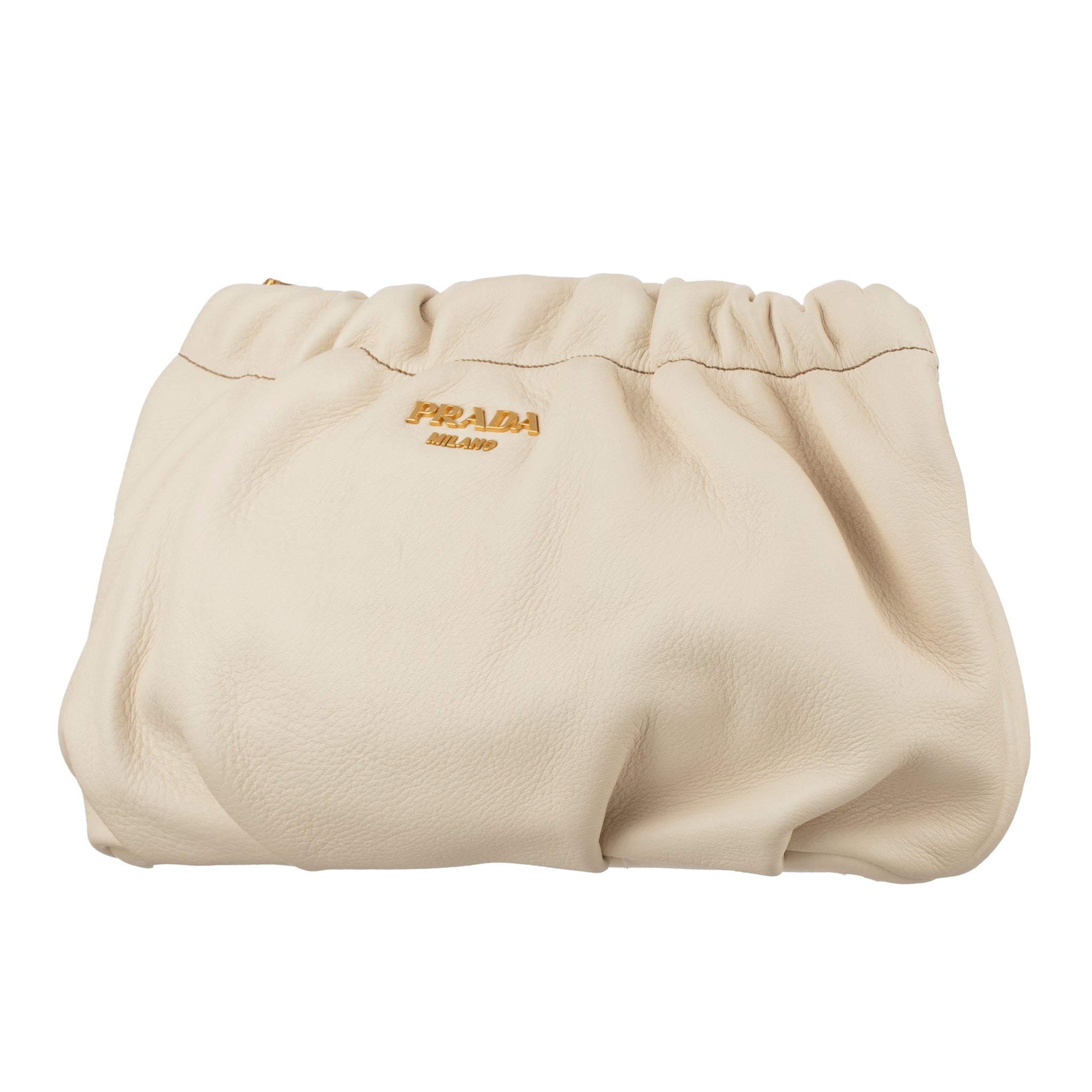 Prada Ivory Pebbled Leather Soft Clutch Gold Tone Hardware