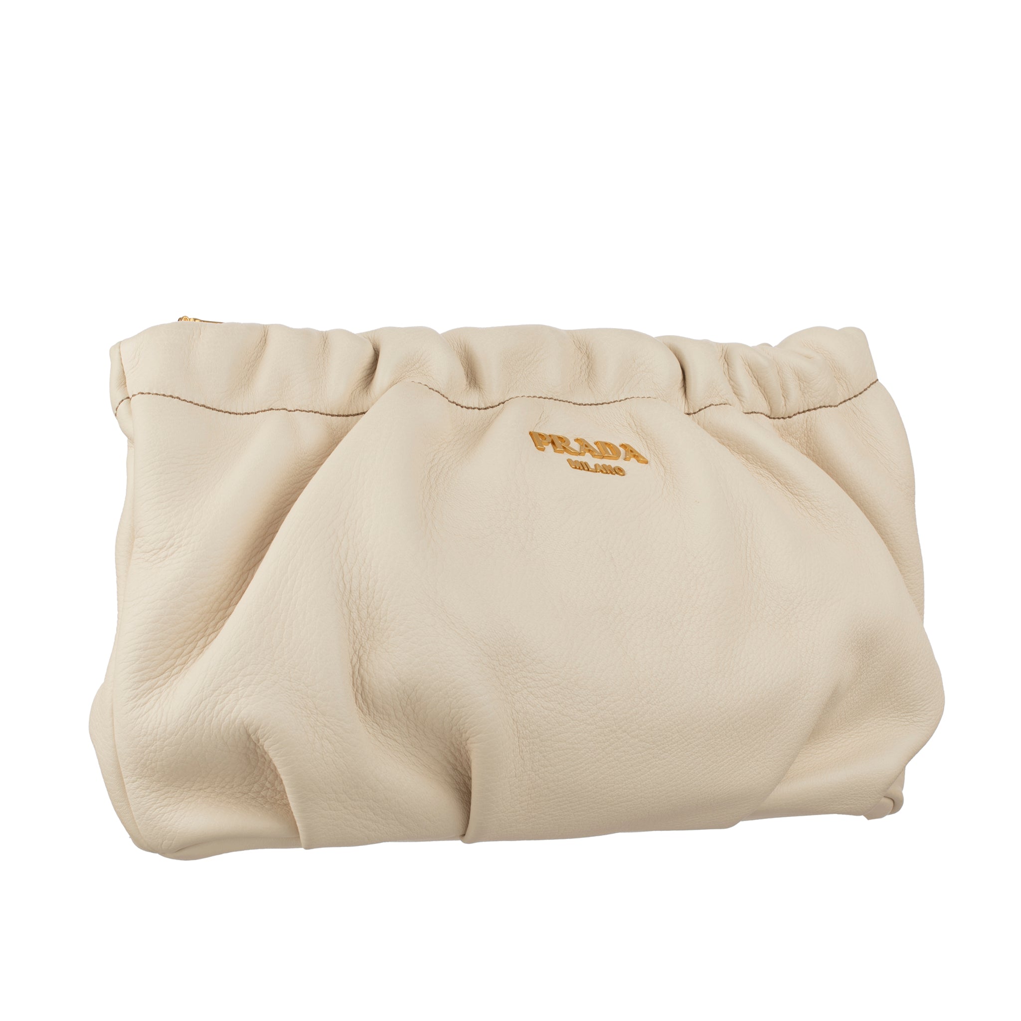 Prada Ivory Pebbled Leather Soft Clutch Gold Tone Hardware