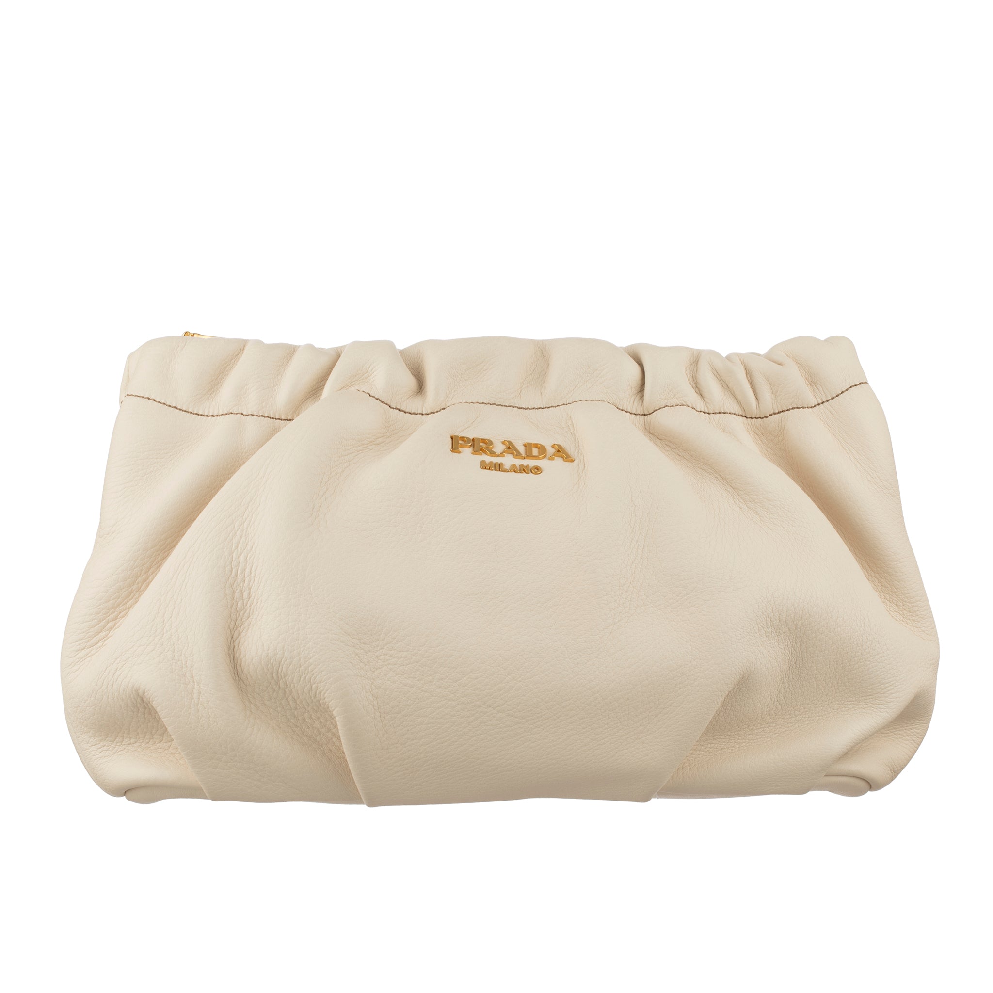 Prada Ivory Pebbled Leather Soft Clutch Gold Tone Hardware