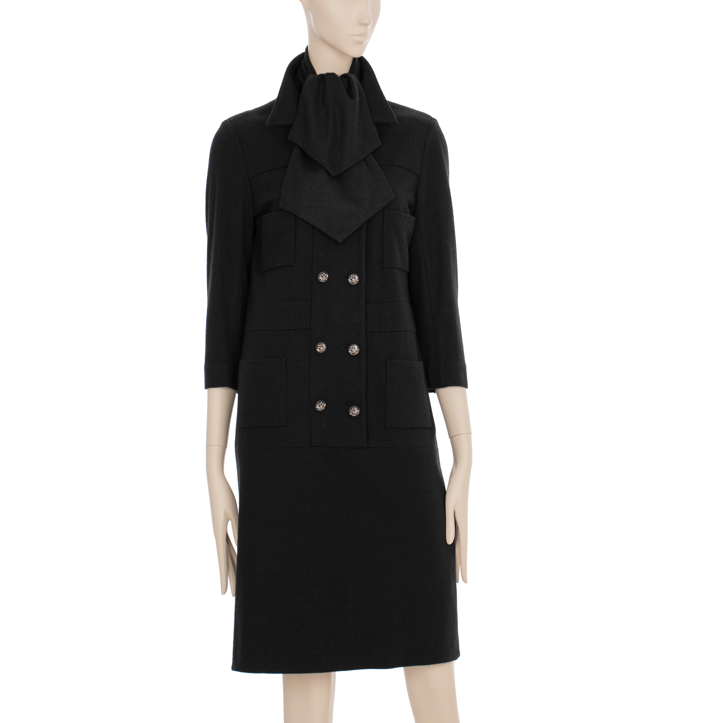 Chanel Long Black Wool Dress With Detachable Collar 40 FR