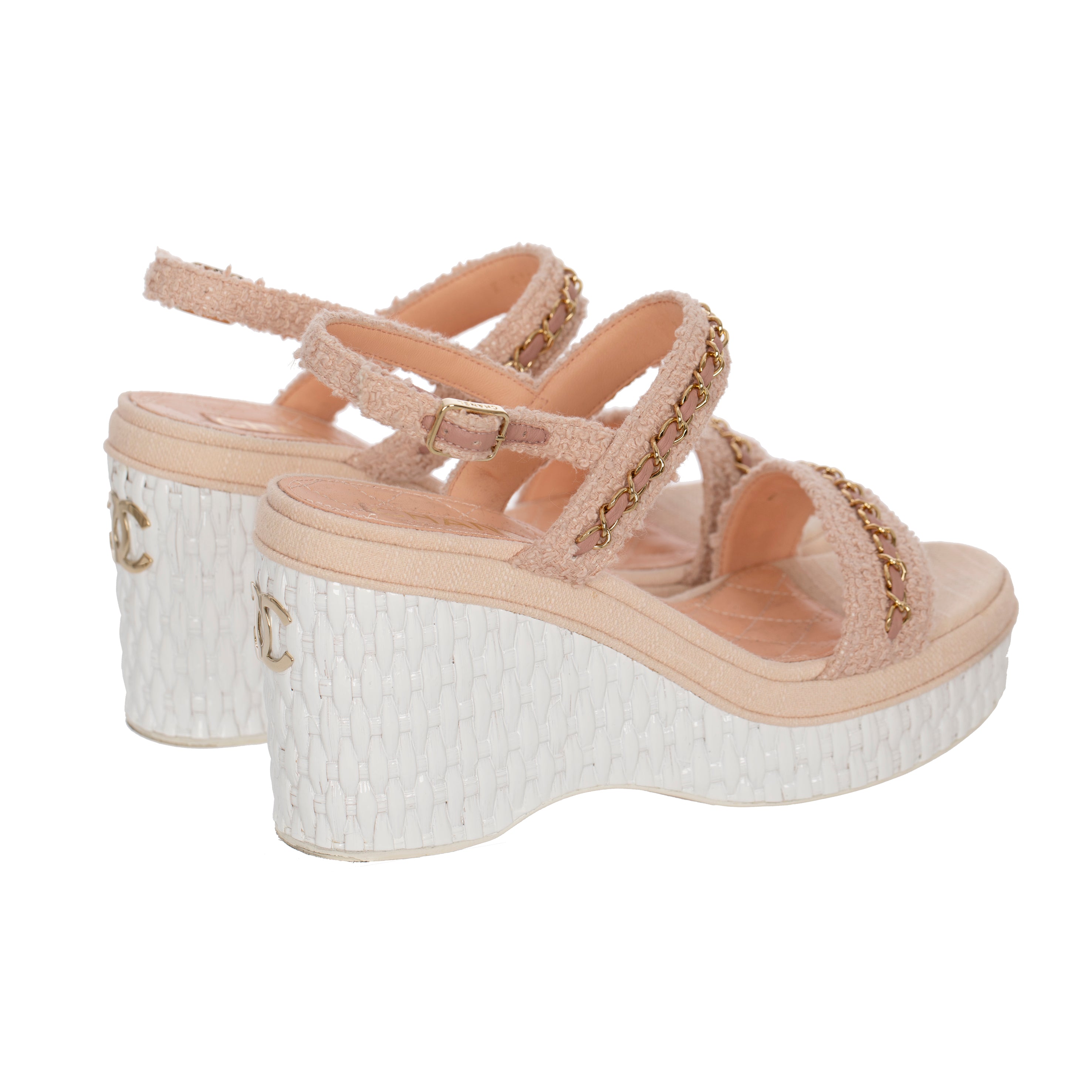 Chanel Wedge Sandals In Pink Tweed 39.5 FR