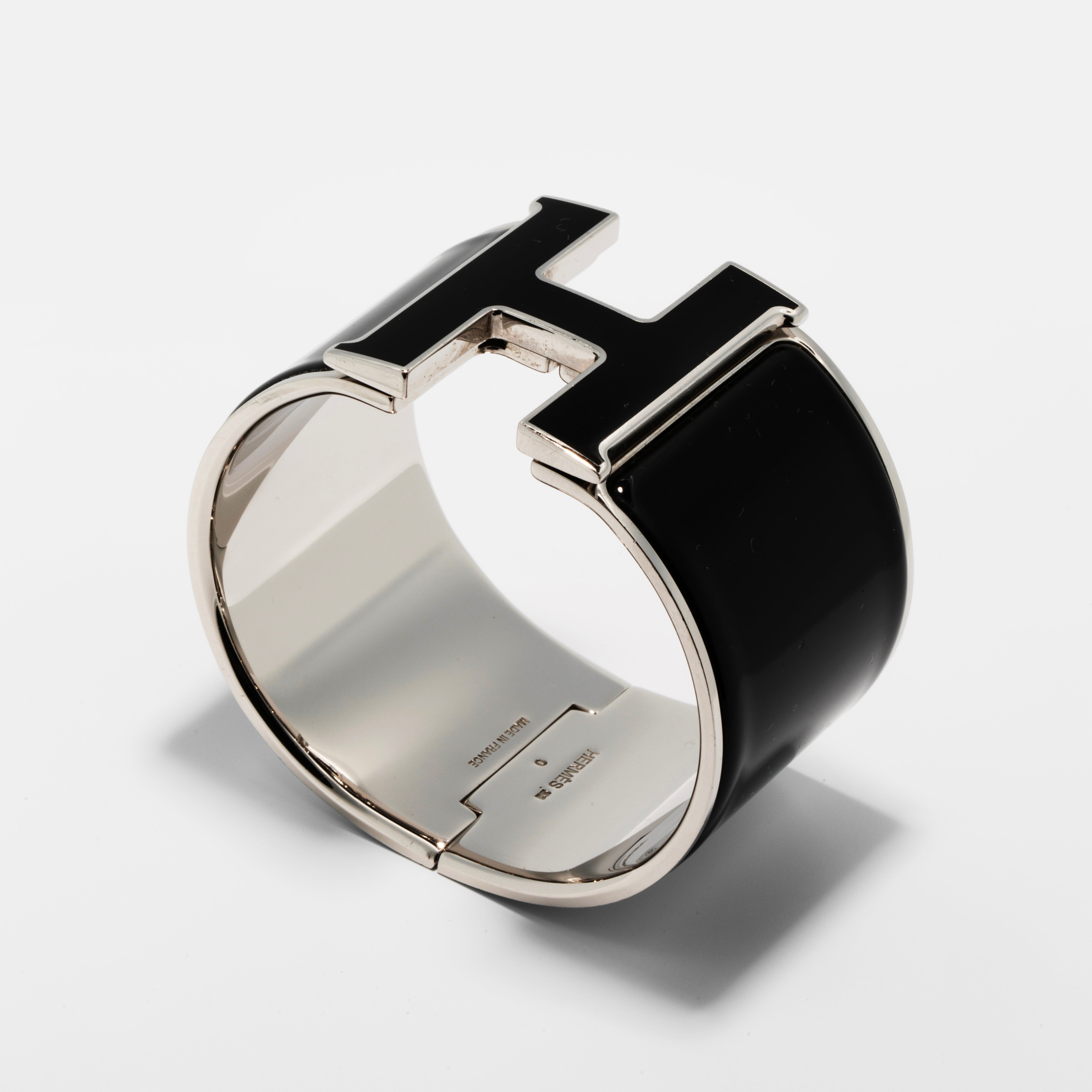 Hermès Clic H Wide Enamel Bracelet in Black & Palladium