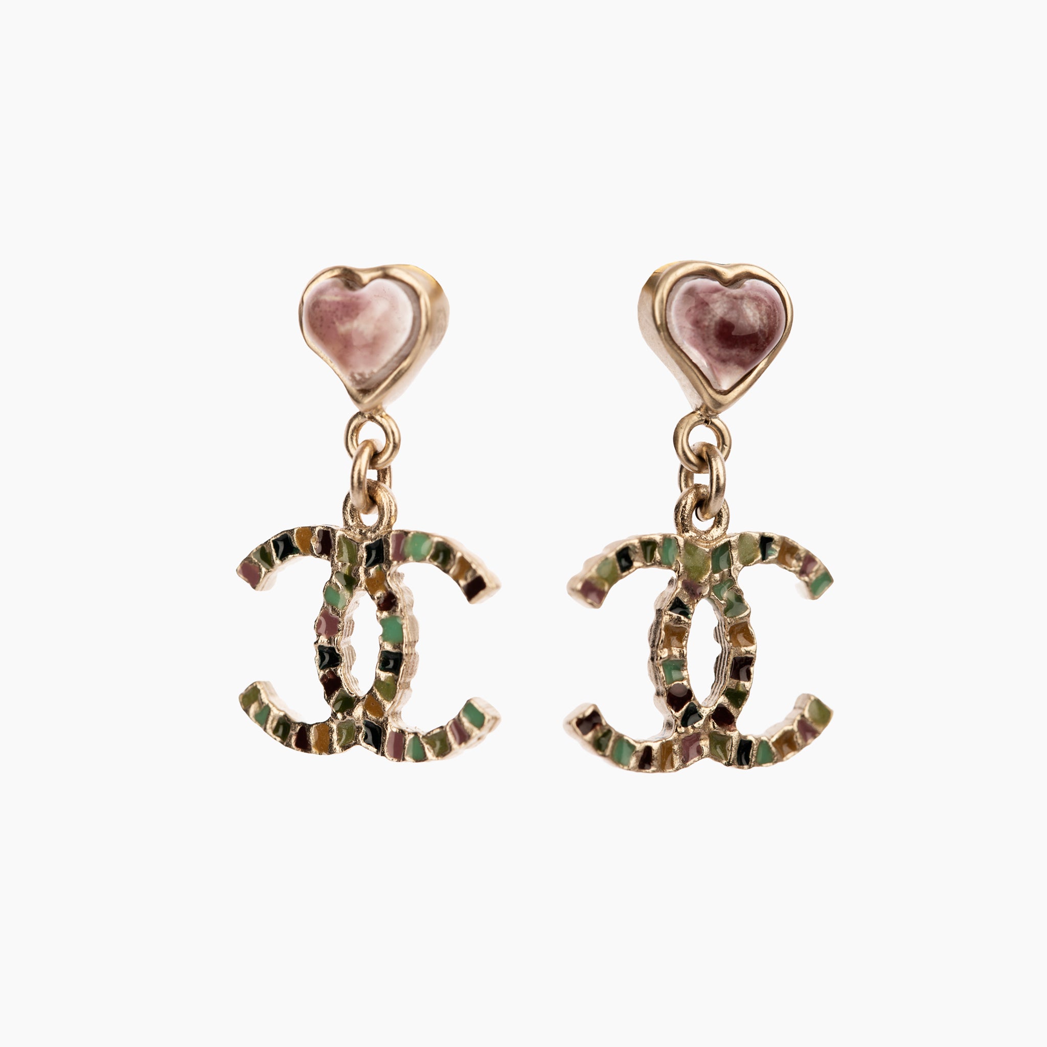 Chanel Heart & Mosaic CC Logo Drop Earrings