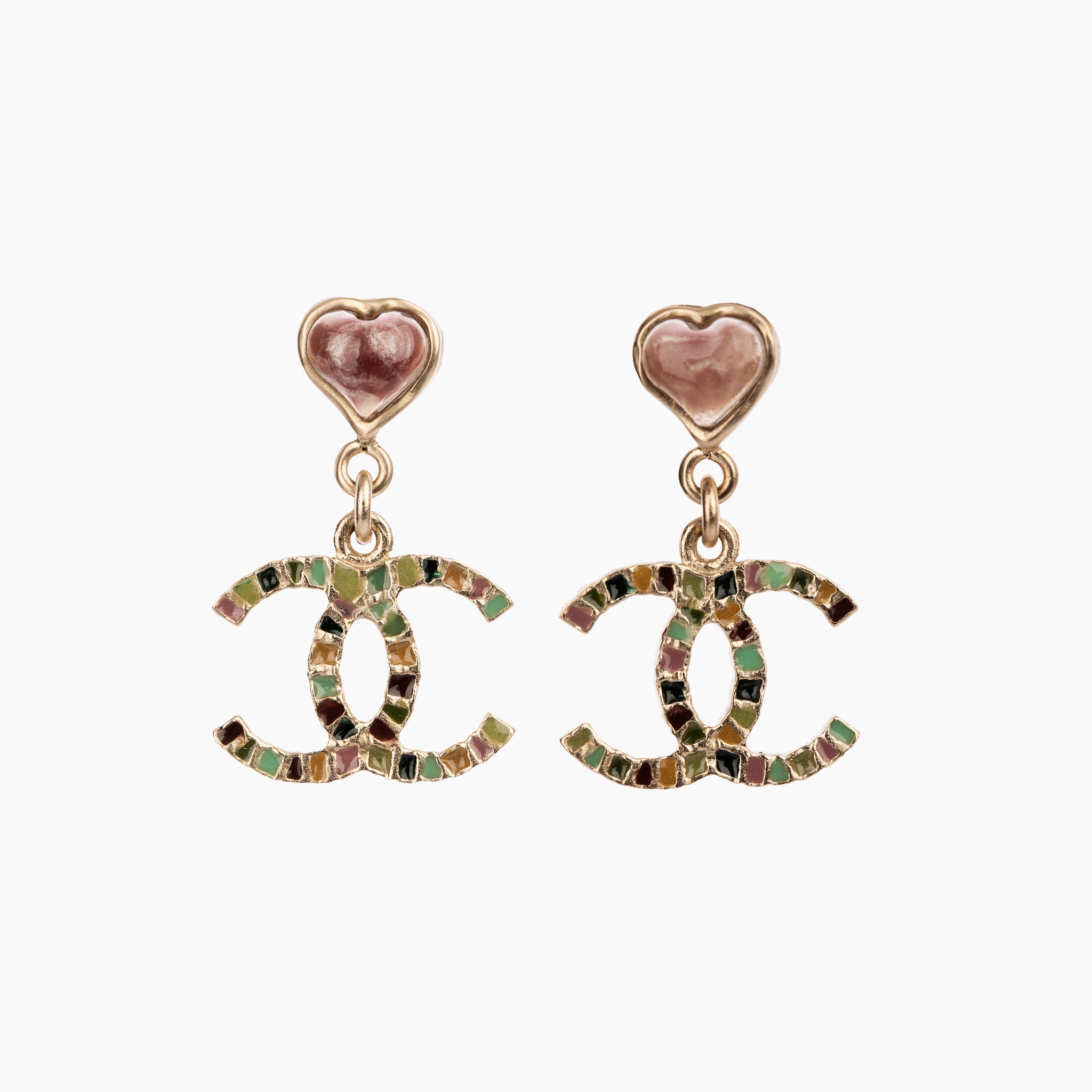 Chanel Heart & Mosaic CC Logo Drop Earrings