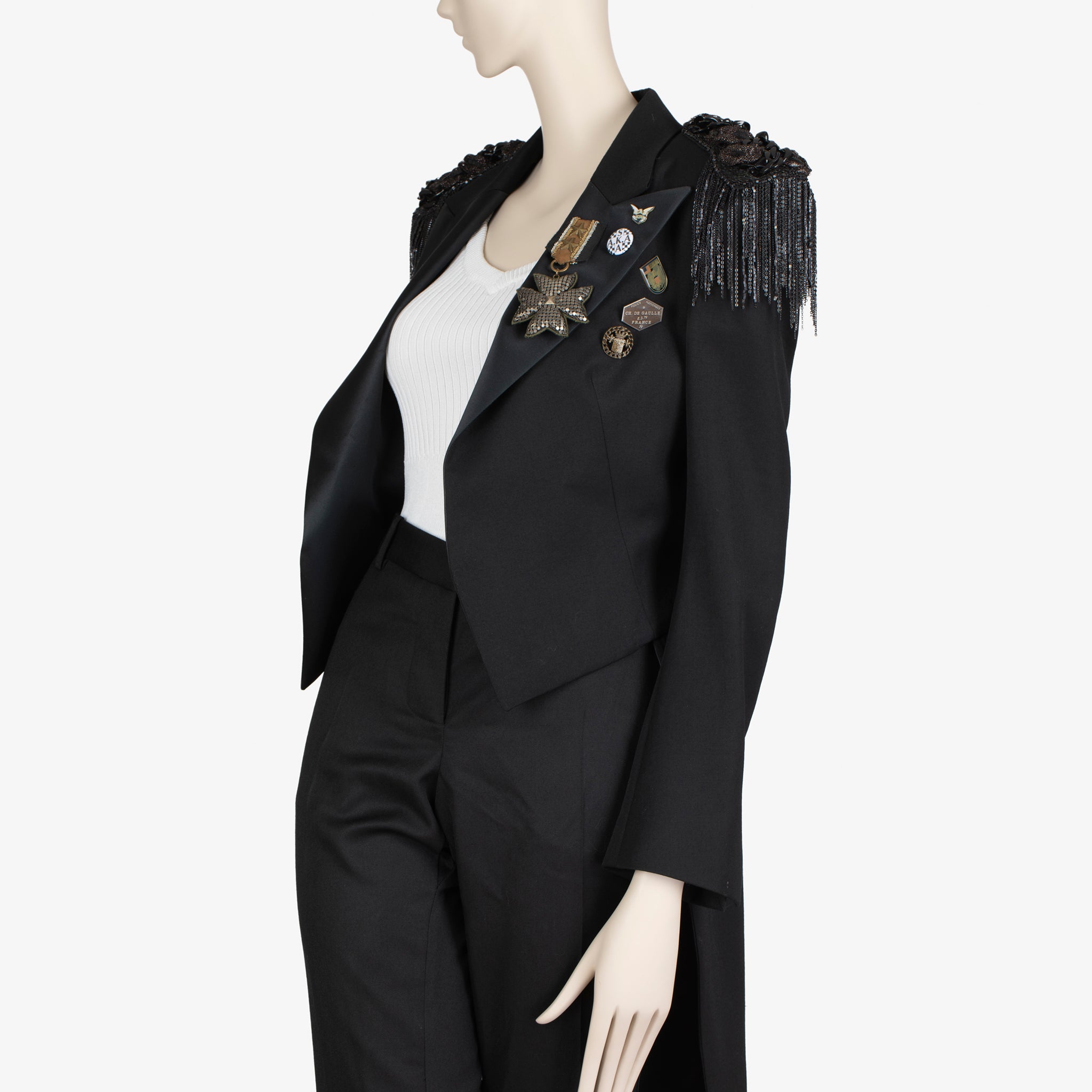 Balmain Black Wool Military Tailcoat Jacket with Epaulettes & Medallion Badges – FR 40