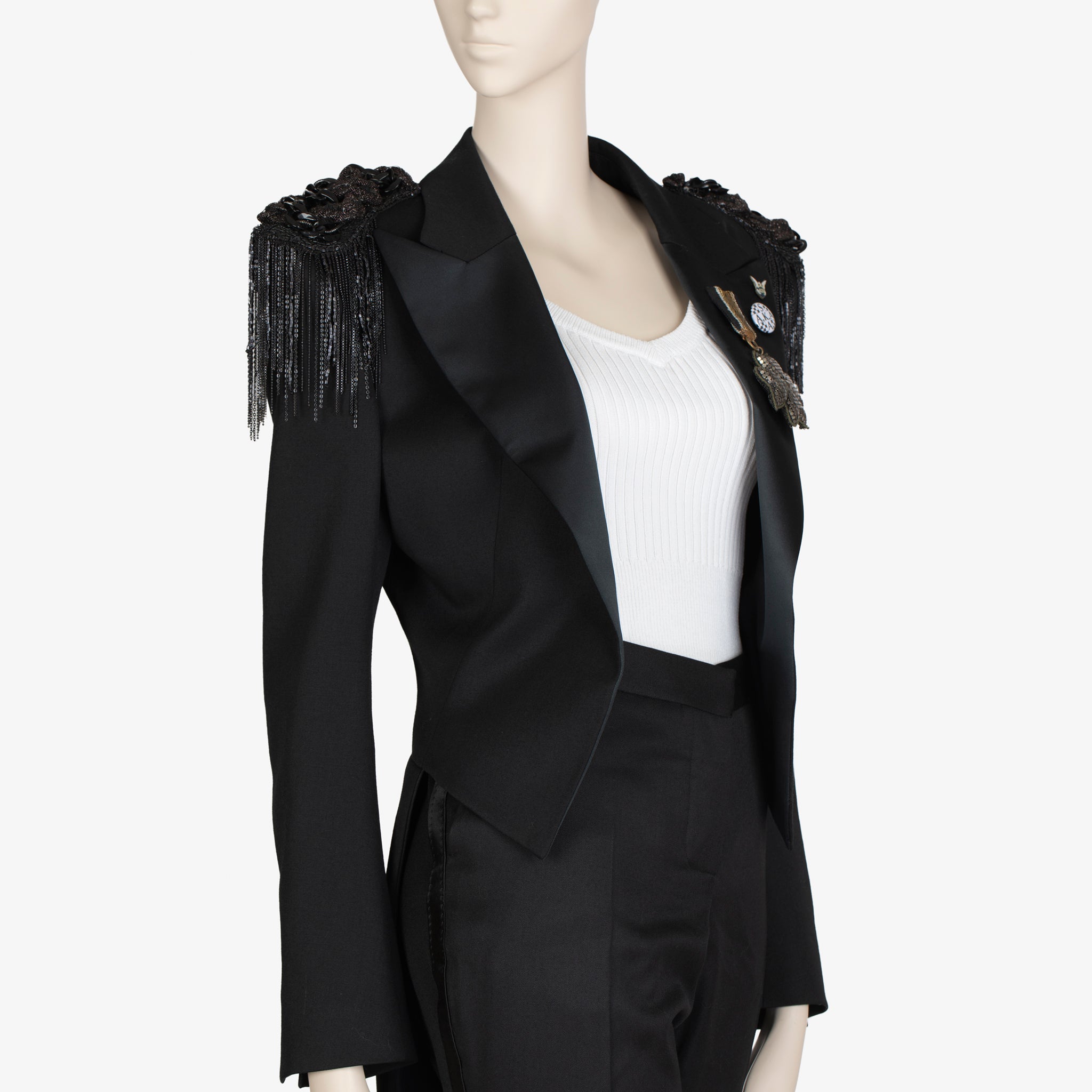 Balmain Black Wool Military Tailcoat Jacket with Epaulettes & Medallion Badges – FR 40