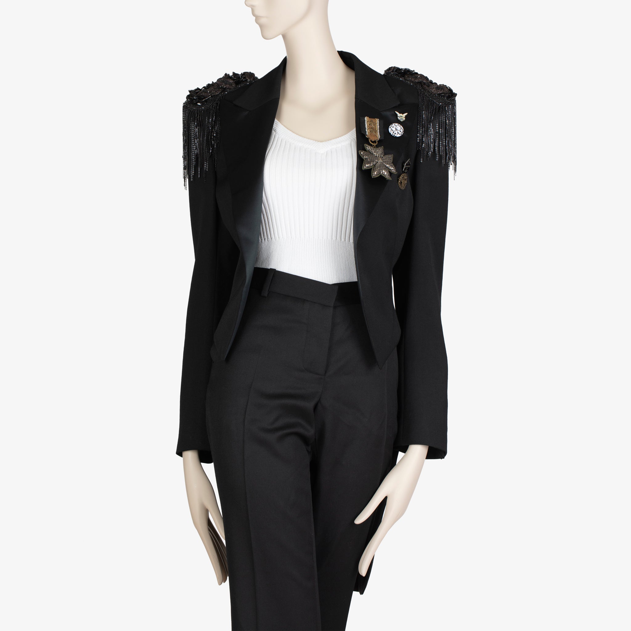 Balmain Black Wool Military Tailcoat Jacket with Epaulettes & Medallion Badges – FR 40