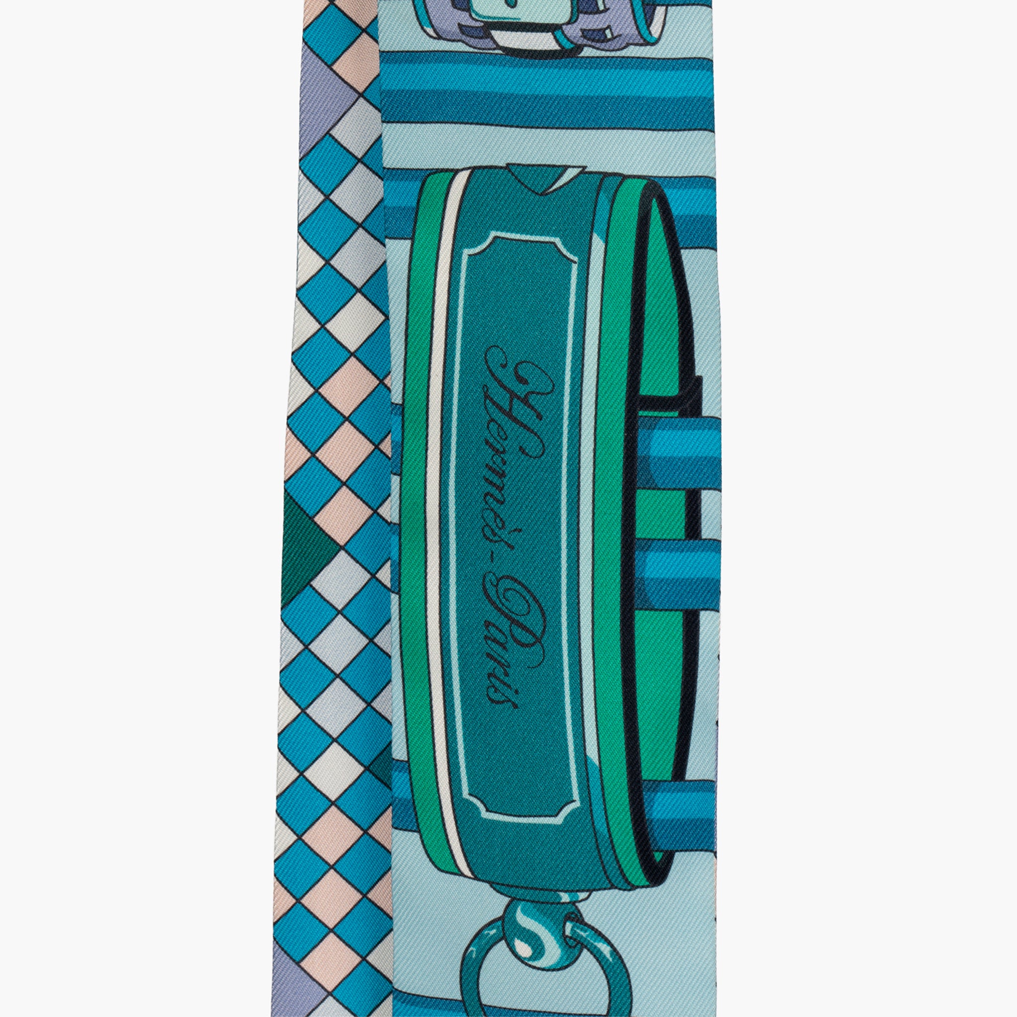 Hermès Silk Twilly Scarf – Blue Multicolour Geometric & Equestrian Print