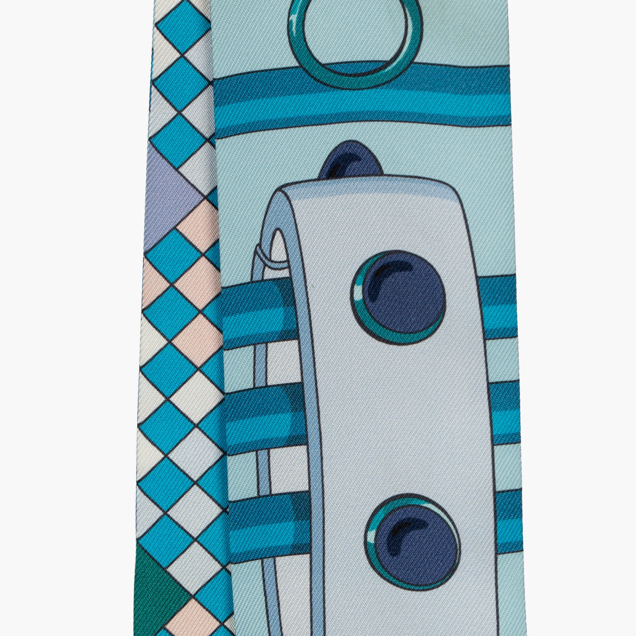 Hermès Silk Twilly Scarf – Blue Multicolour Geometric & Equestrian Print