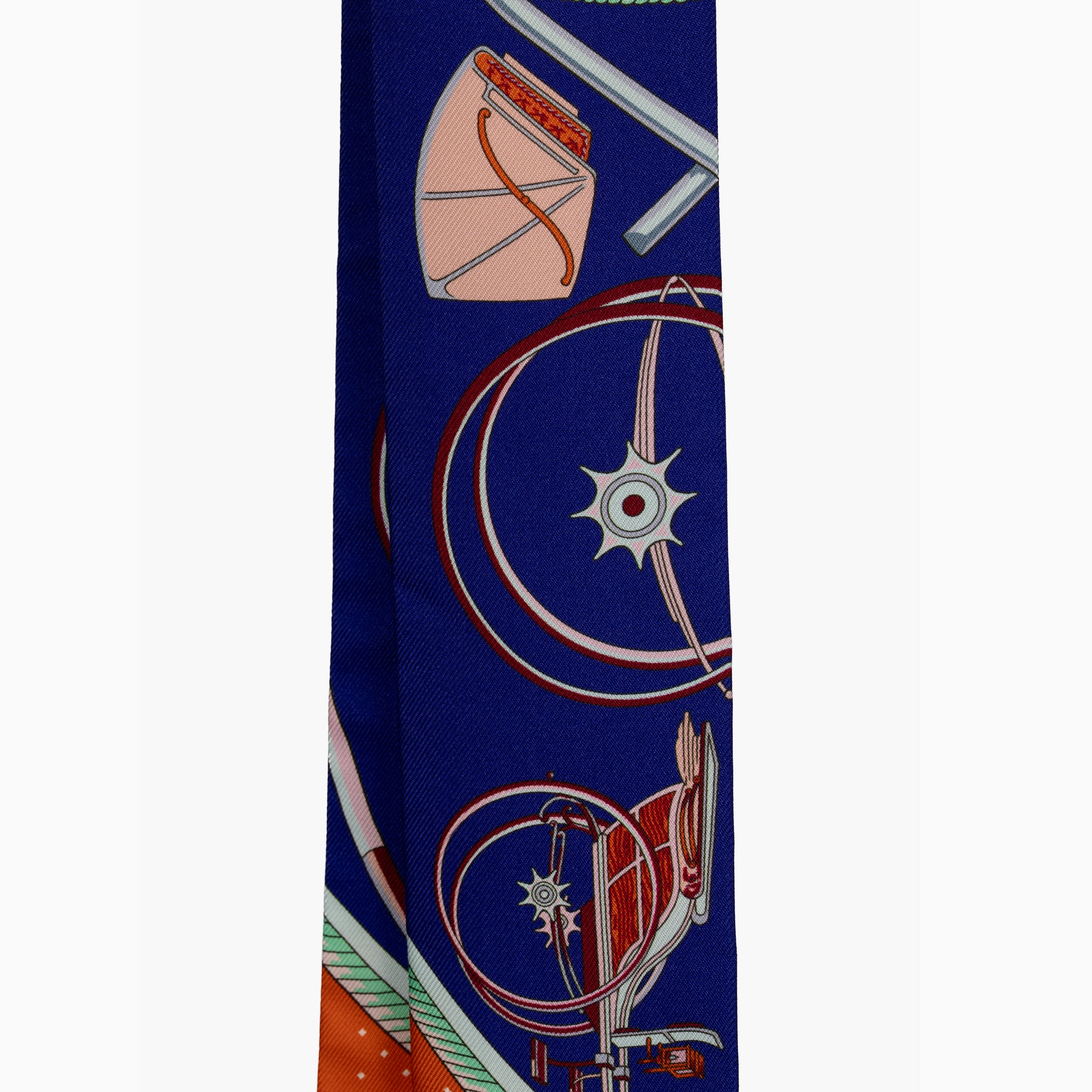 Hermès Silk Twilly Scarf – Blue & Orange Geometric and Equestrian Print