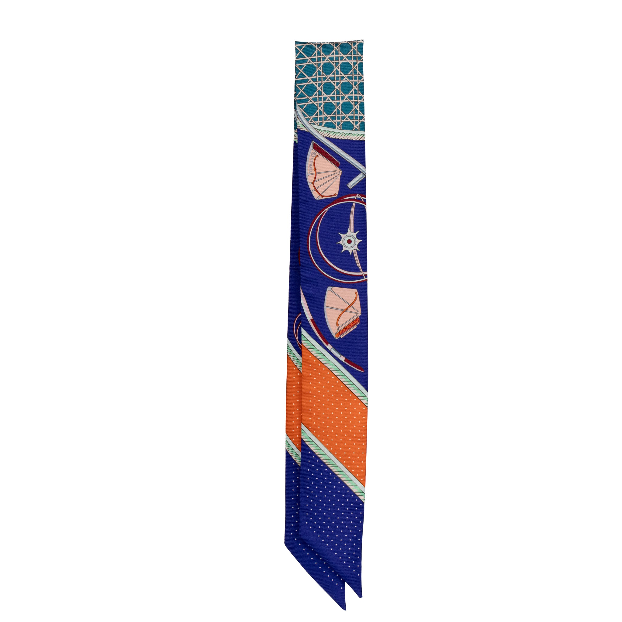 Hermès Silk Twilly Scarf – Blue & Orange Geometric and Equestrian Print