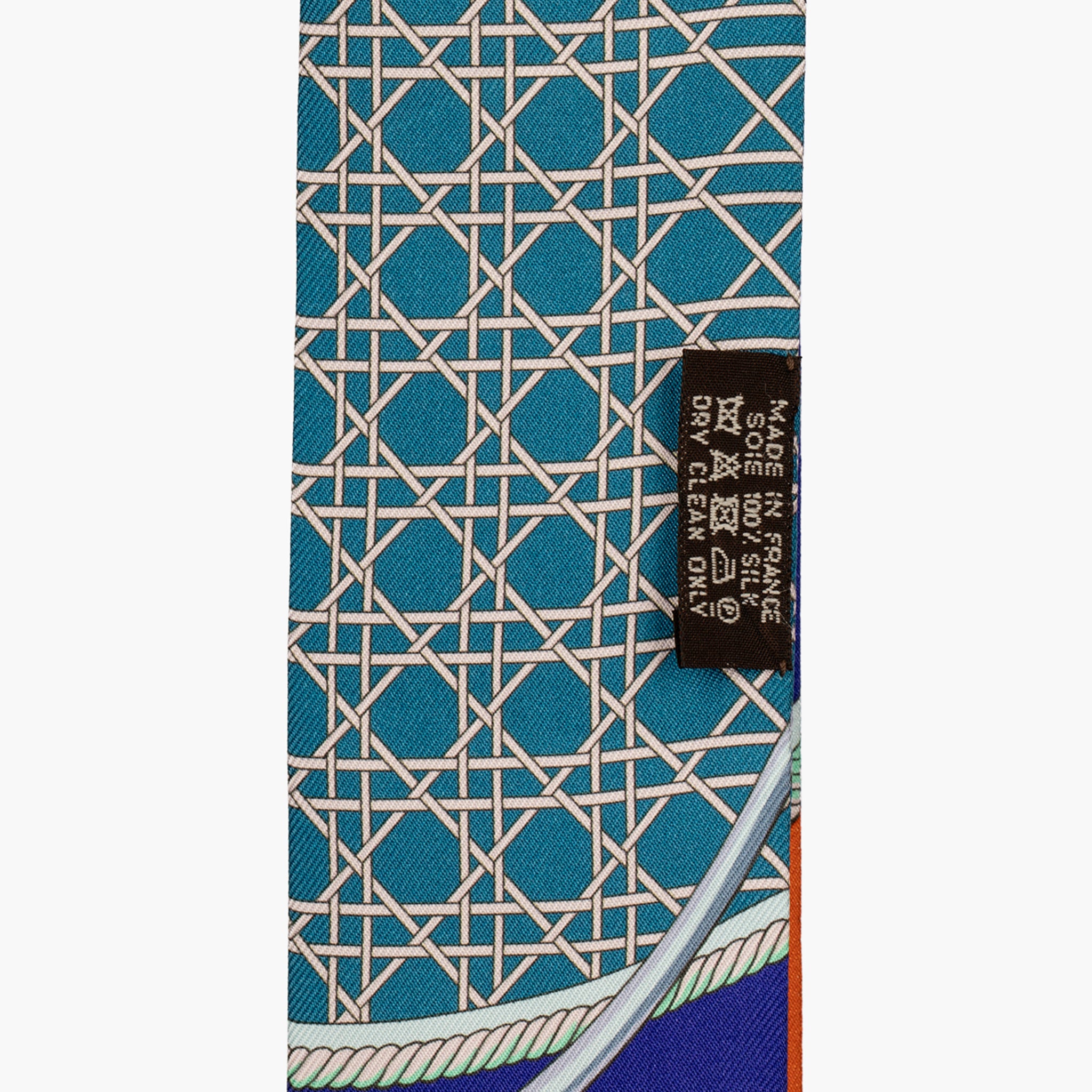 Hermès Silk Twilly Scarf – Blue & Orange Geometric and Equestrian Print