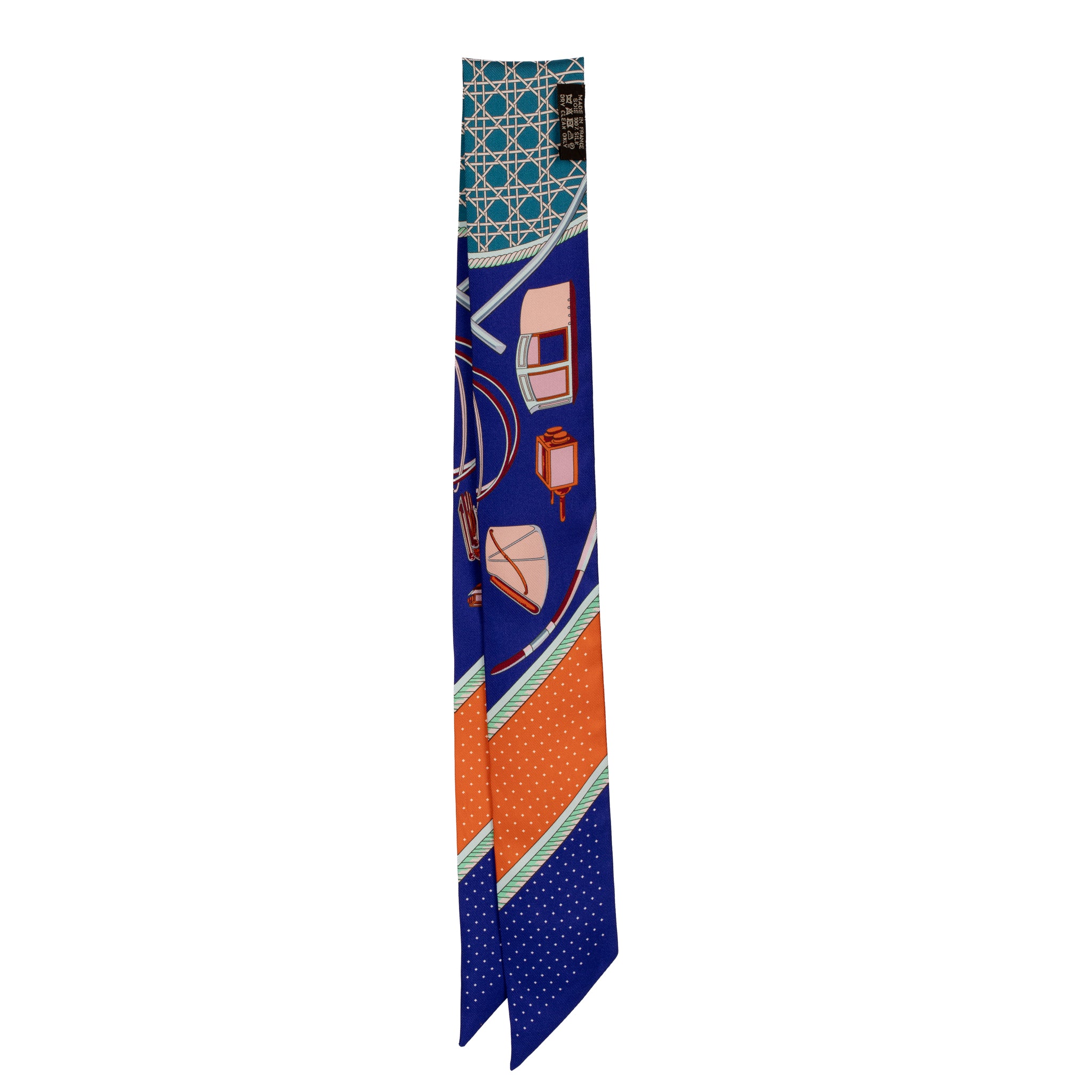 Hermès Silk Twilly Scarf – Blue & Orange Geometric and Equestrian Print