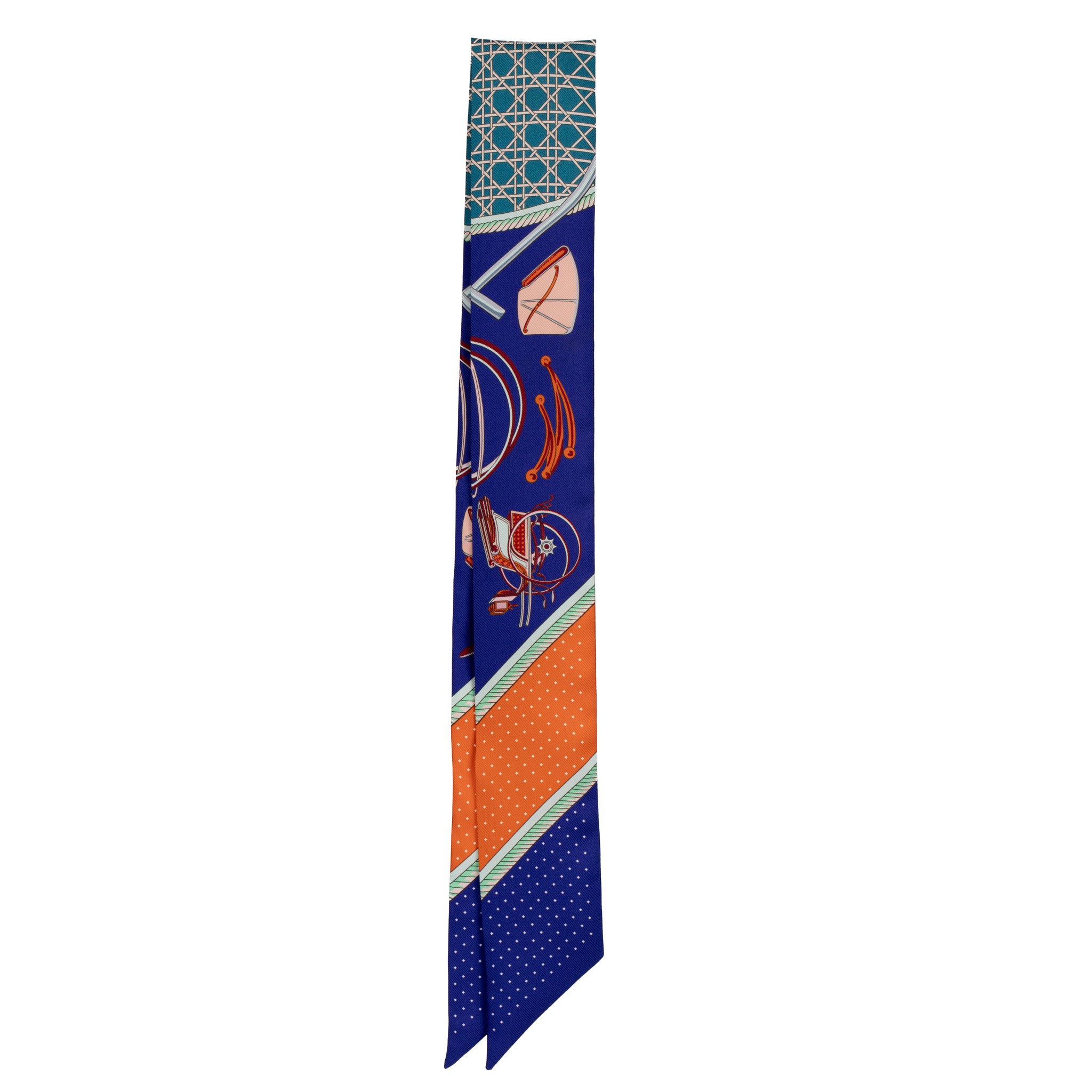 Hermès Silk Twilly Scarf – Blue & Orange Geometric and Equestrian Print